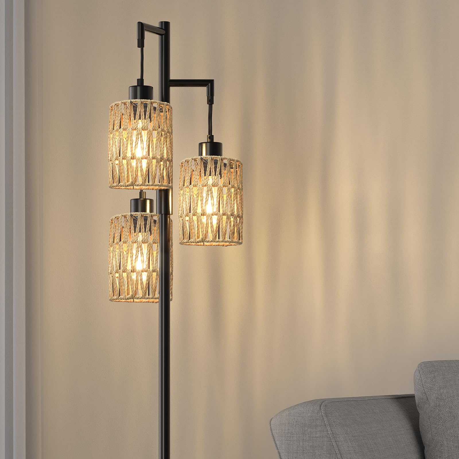 Oneach 68" Stepless Dimmable Floor Lamp, Black Rattan, Tall Industrial Design for Living Room, Bedroom, Office, Model AMZ-F1175BK-3-NEW