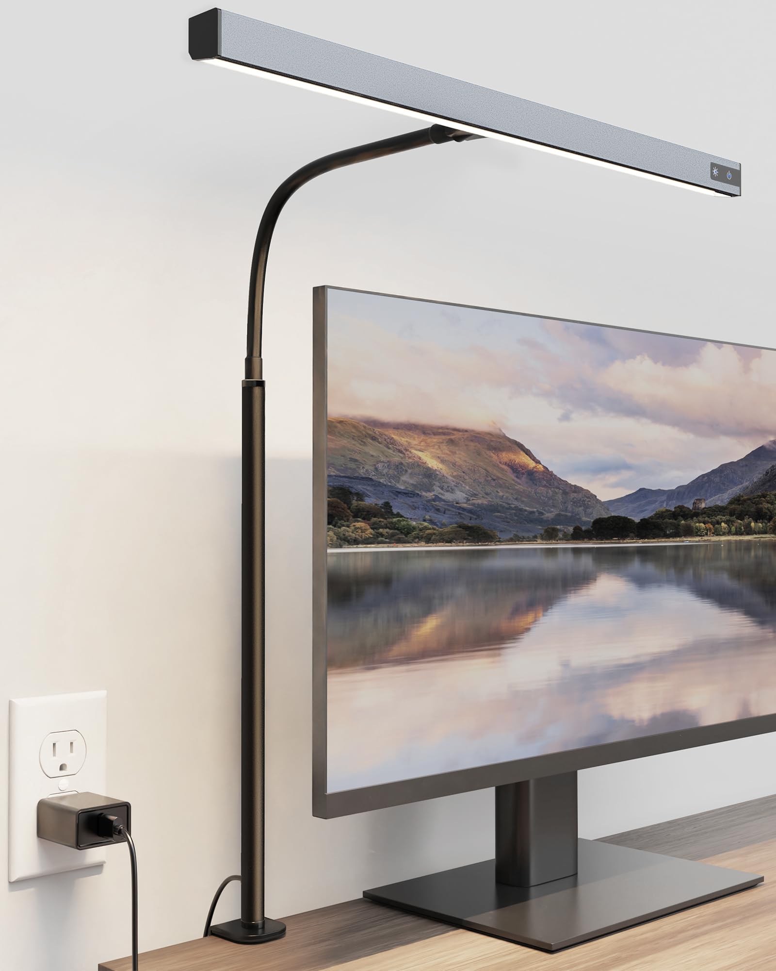 SUPERDANNY LED Desk Lamp for Office Home, Eye-Caring Desk Light with Adjustable Gooseneck, 12W Touch Control Dimmable Brightness, Architect Clamp Lamp with USB Adapter, Grey
