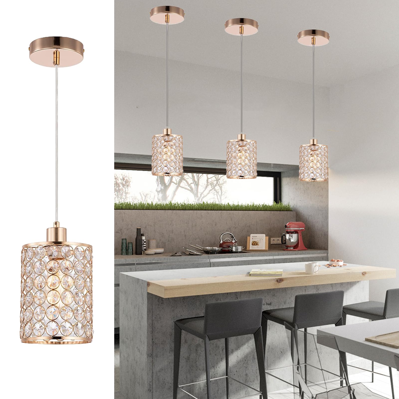 Cuaulans Gold Crystal Pendant Light, Modern Crystal Ceiling Pendant Lights, Cord Adjustable Pendant Lighting Fixture for Bar Kit