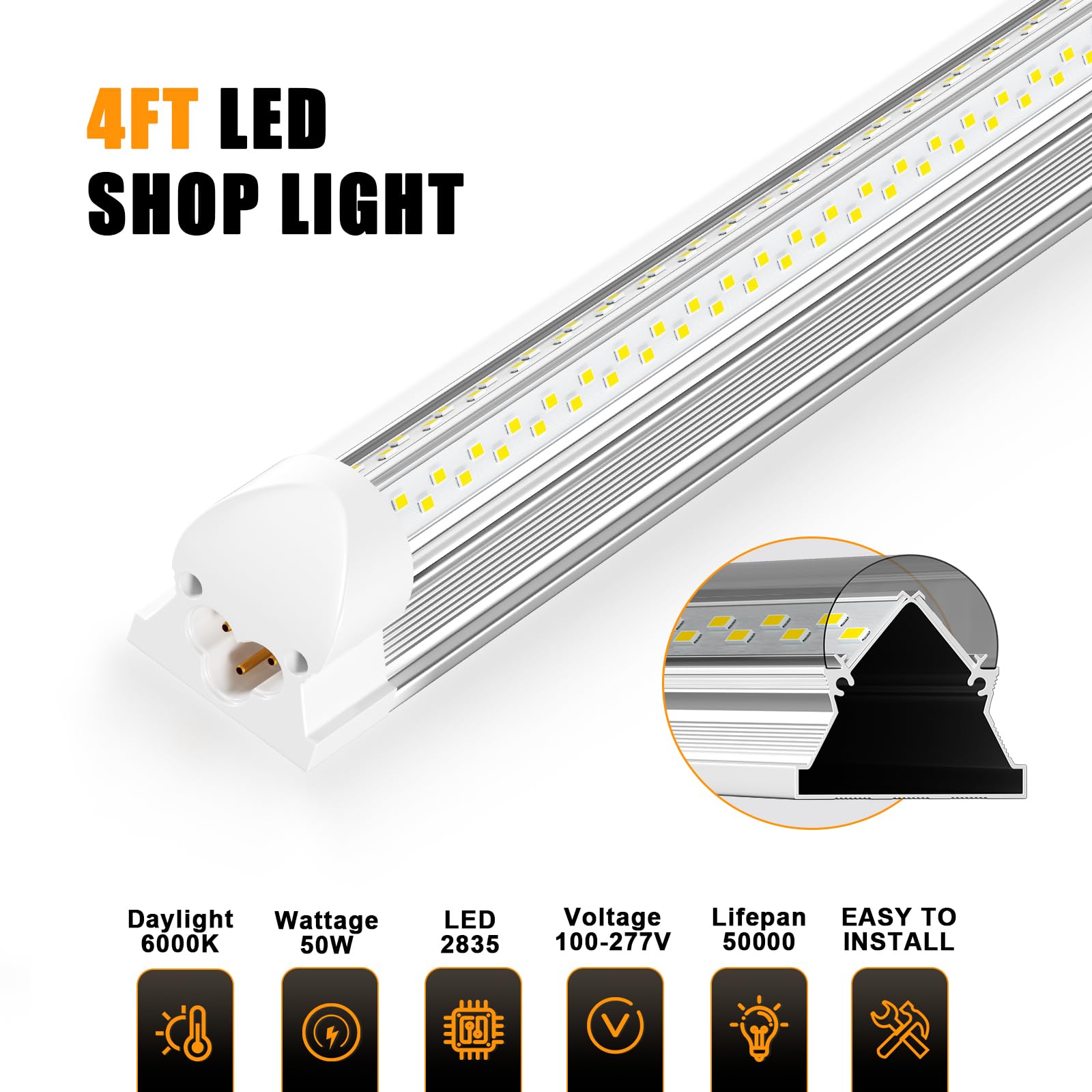 Onlylux 4Ft Led Shop Light - 6000K 50W, 7500Lm Linkable Ceiling Fixture With On