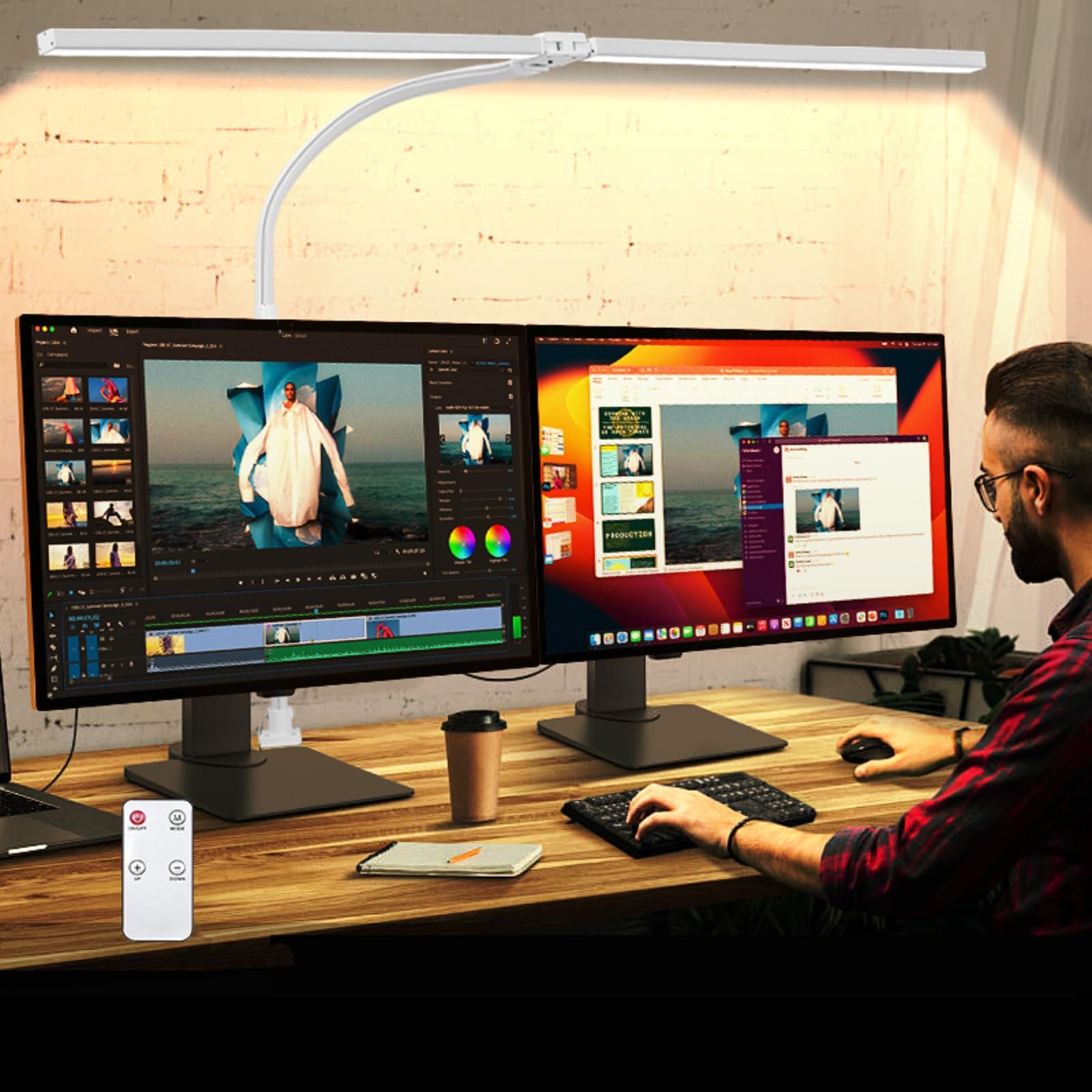 MACASA Double Head LED Desk Lamp with Remote Control, 24W Brightest, Clamp Size, White, Model S01-White