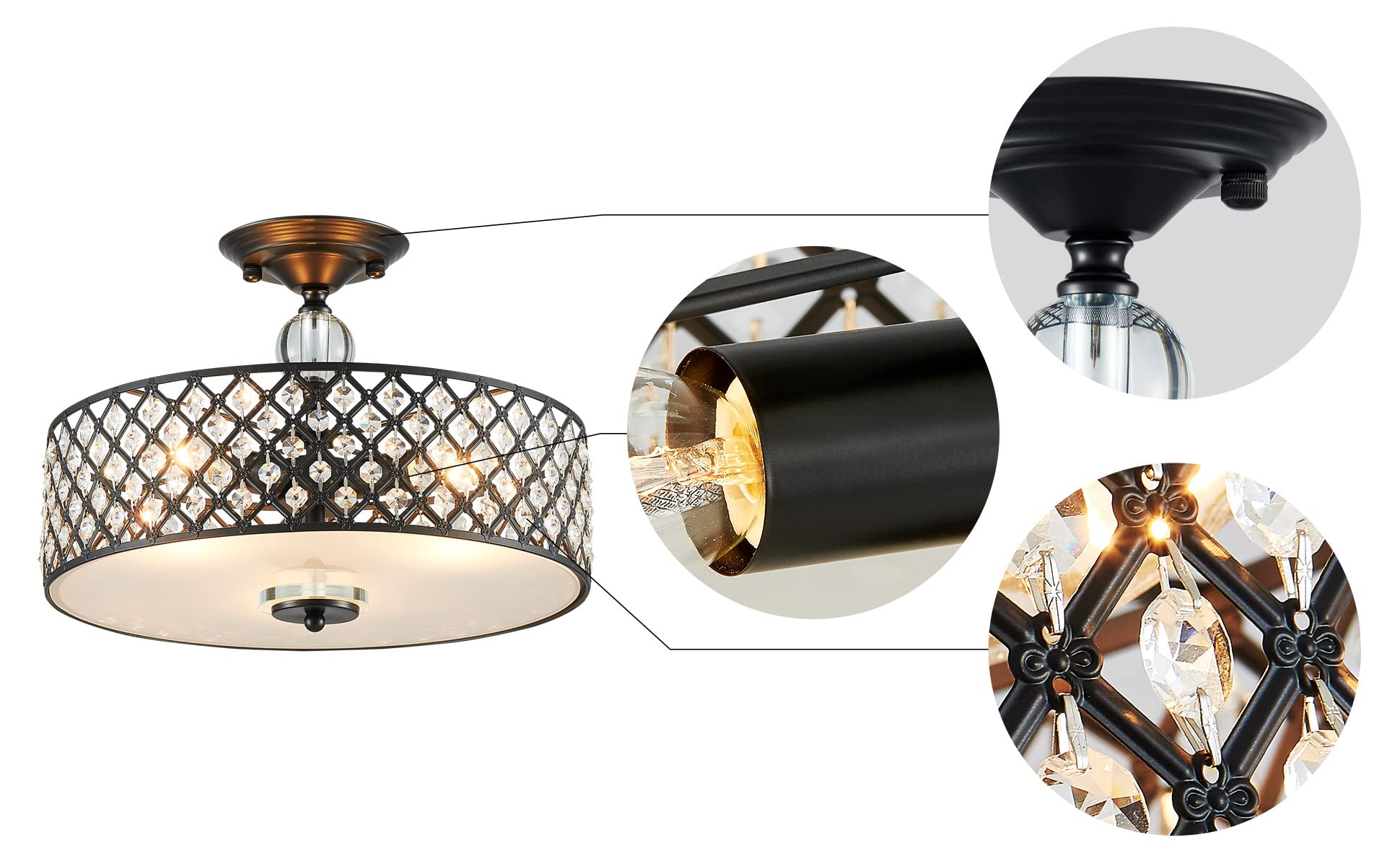 Saint Mossi Semi Flush Mount Ceiling Chandelier  Modern K9 Crystal Ceiling Light Fixture For Dining Room  Livingroom  Bedroom  H11 X D15.4  Matte Black Finish