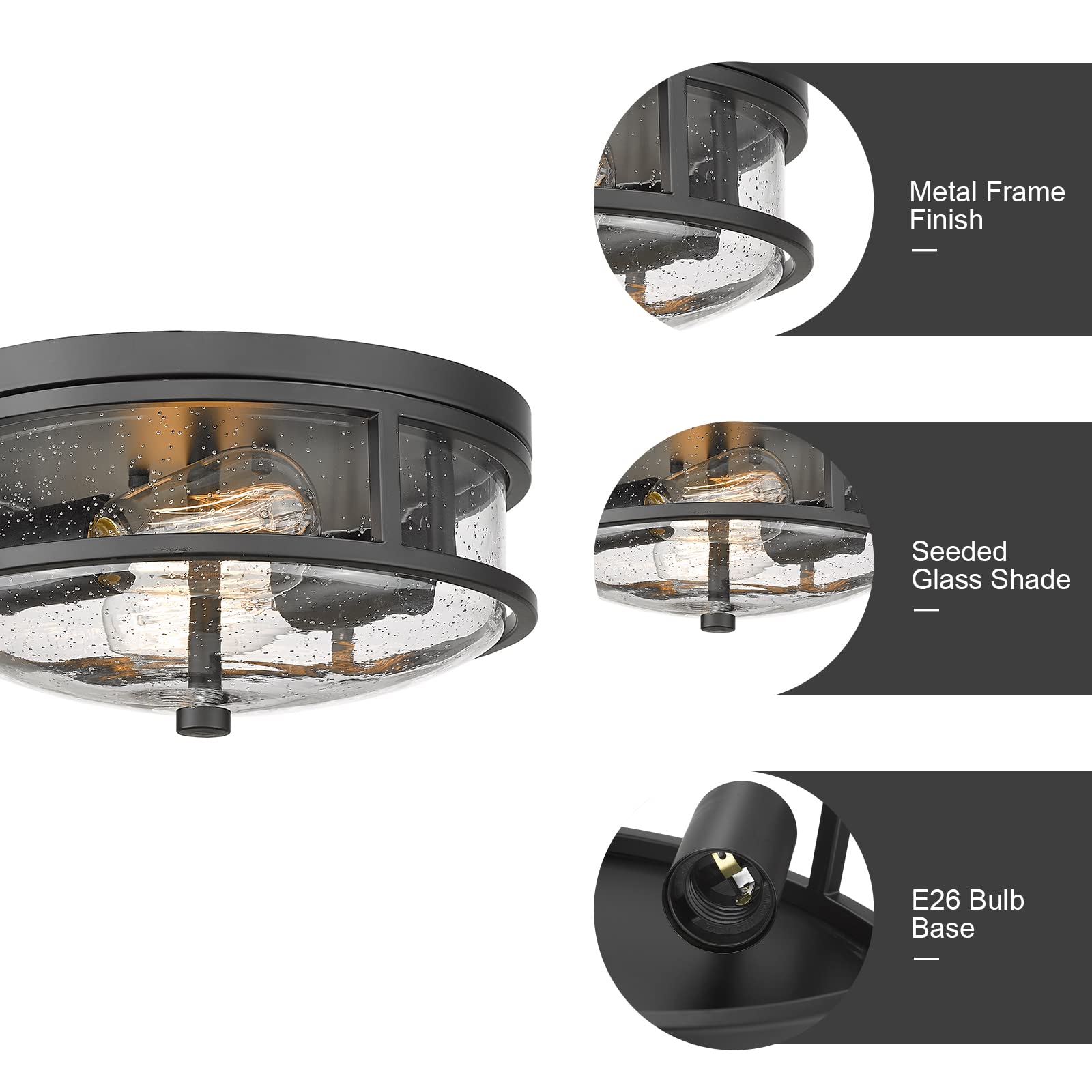 Rosient Flush Mount Ceiling Light Fixture, 12 Inch 2-Light Modern Farmhouse Semi Ceiling Light With Seeded Glass For Bedroom, En