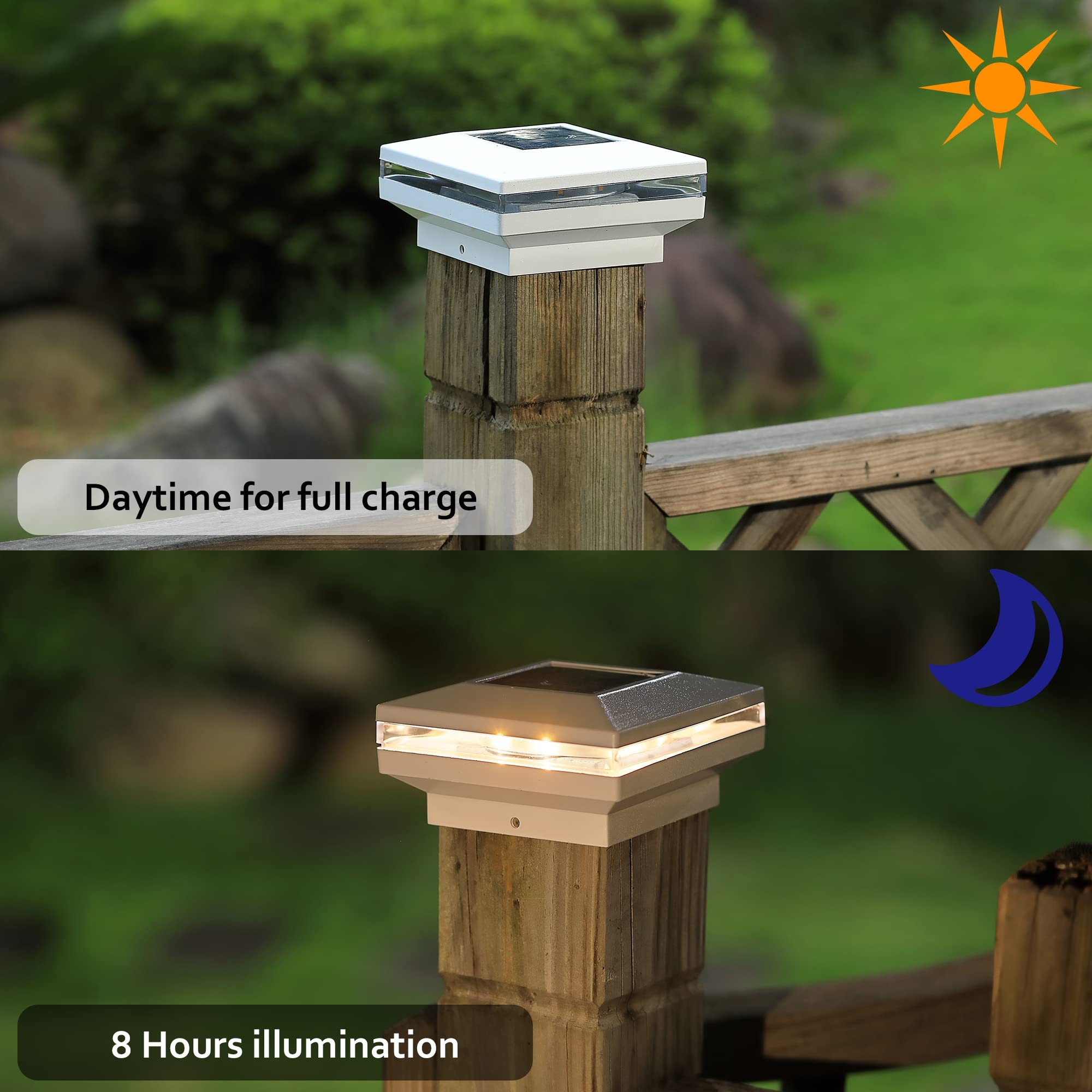 Dynaming 4 Pack Solar Post Lights, Outdoor Decorative Post Cap Light, Solar Powered White Shell Caps, Brightness Warm White Led
