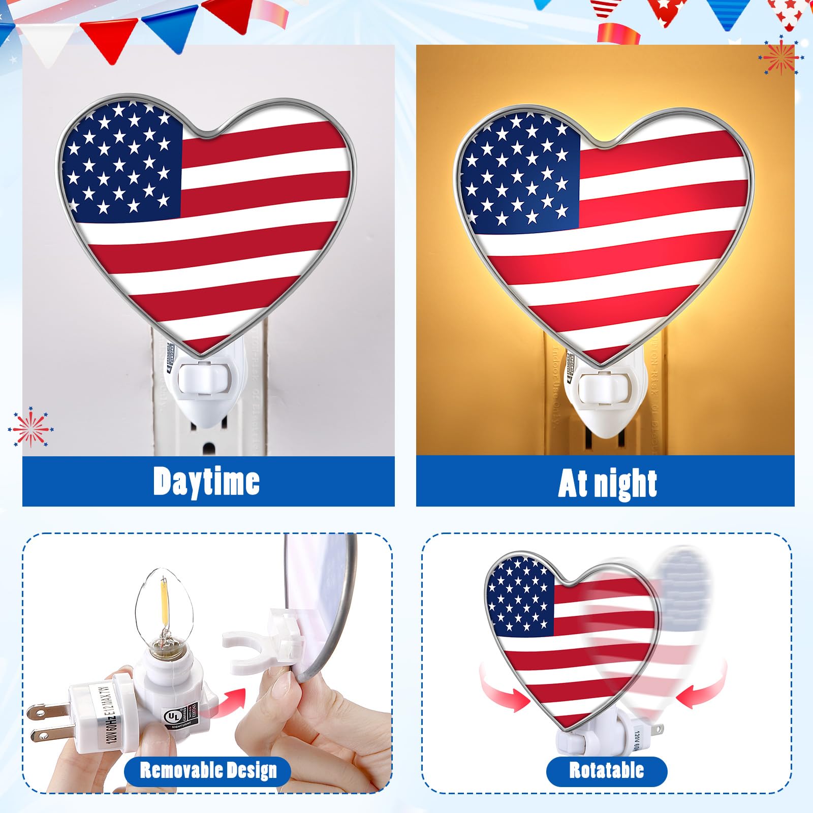 Kittmip Heart Shaped 4th of July Night Light with Switch Acrylic Patriotic American Flag Plug in Wall LED Light for Independence