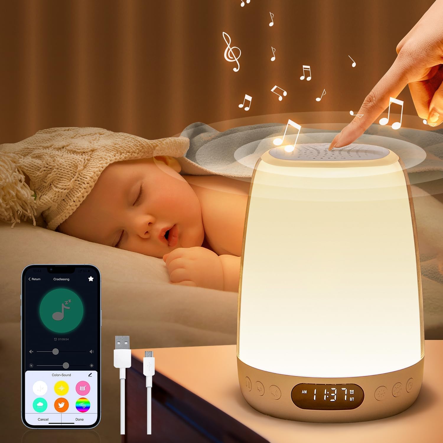 One Fire Sound Machine Night Light for Kids, Bluetooth, 14 White Noise, 48 RGB Colors, APP Size, White, Plastic