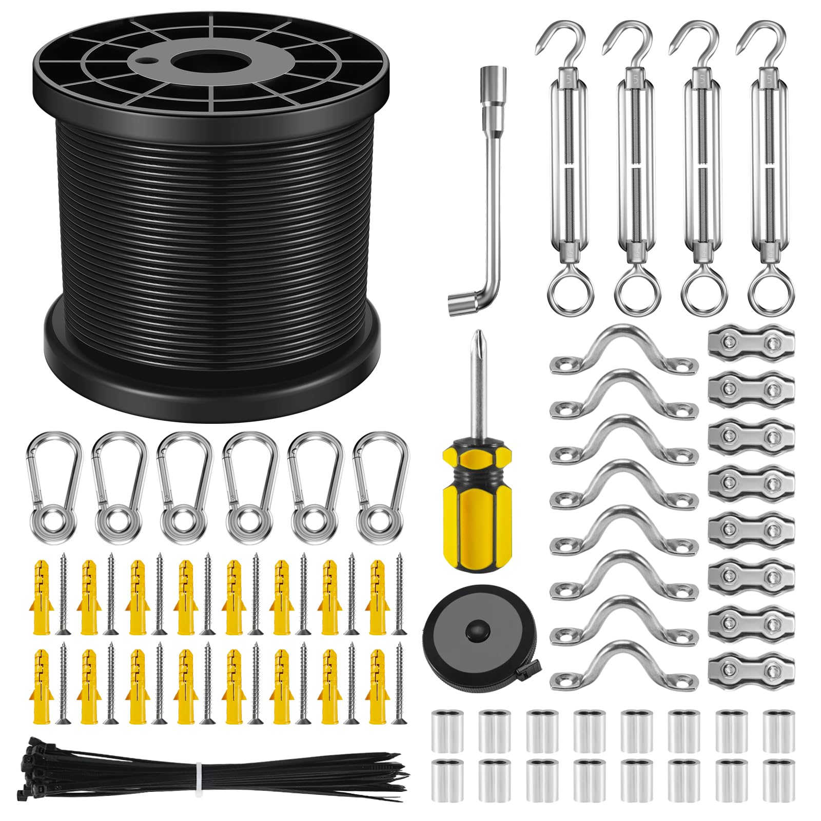 Nereus String Light Hanging Kit With 250 Ft Vinyl Coated 304 Stainless Steel Cable, String Light Suspension Kit, Guide Wire With Turnbuckles And Hooks For Patio, Backyard Lighting Accessories