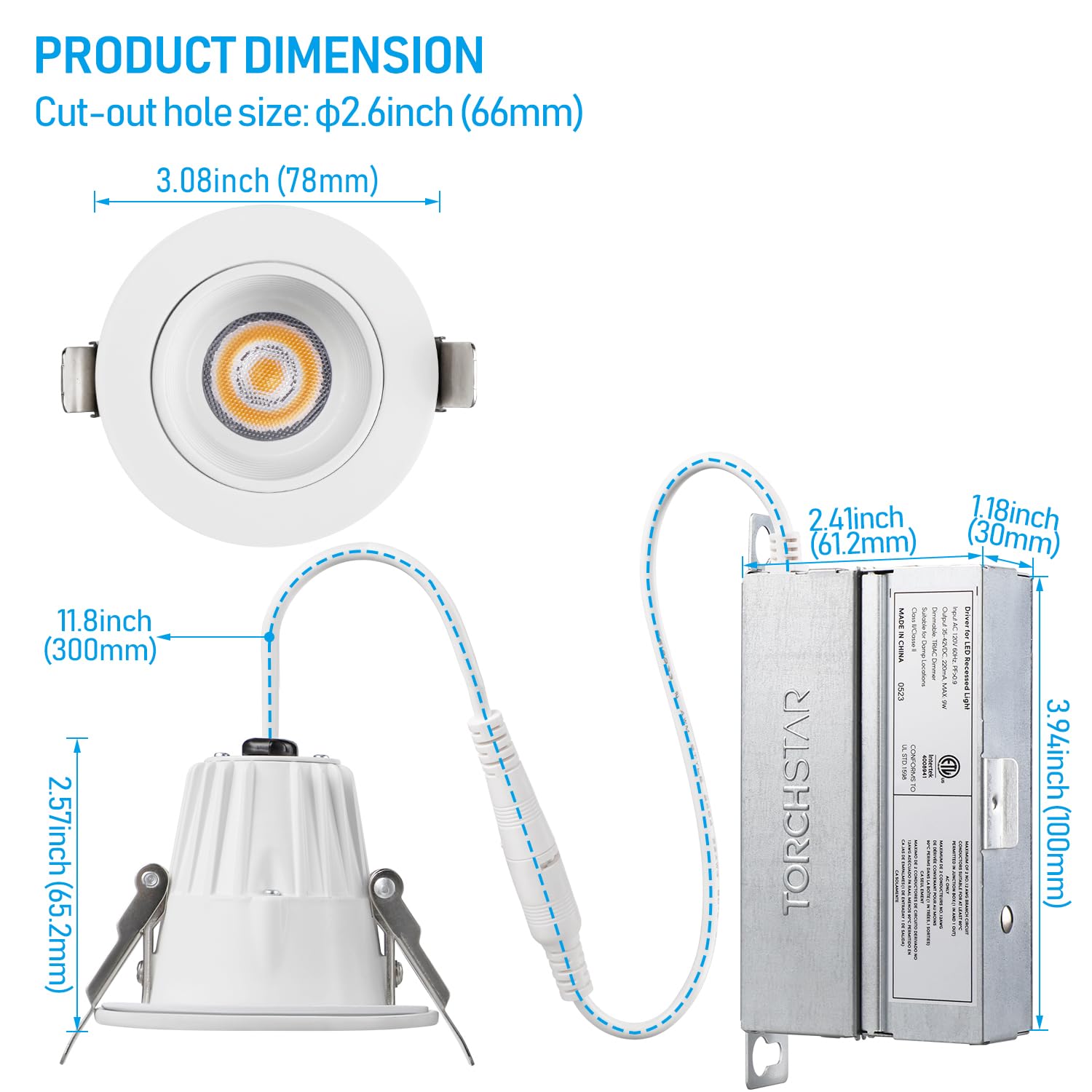 TORCHSTAR 2 Inch LED Recessed Lighting, 600lm, Dimmable, IC Rated