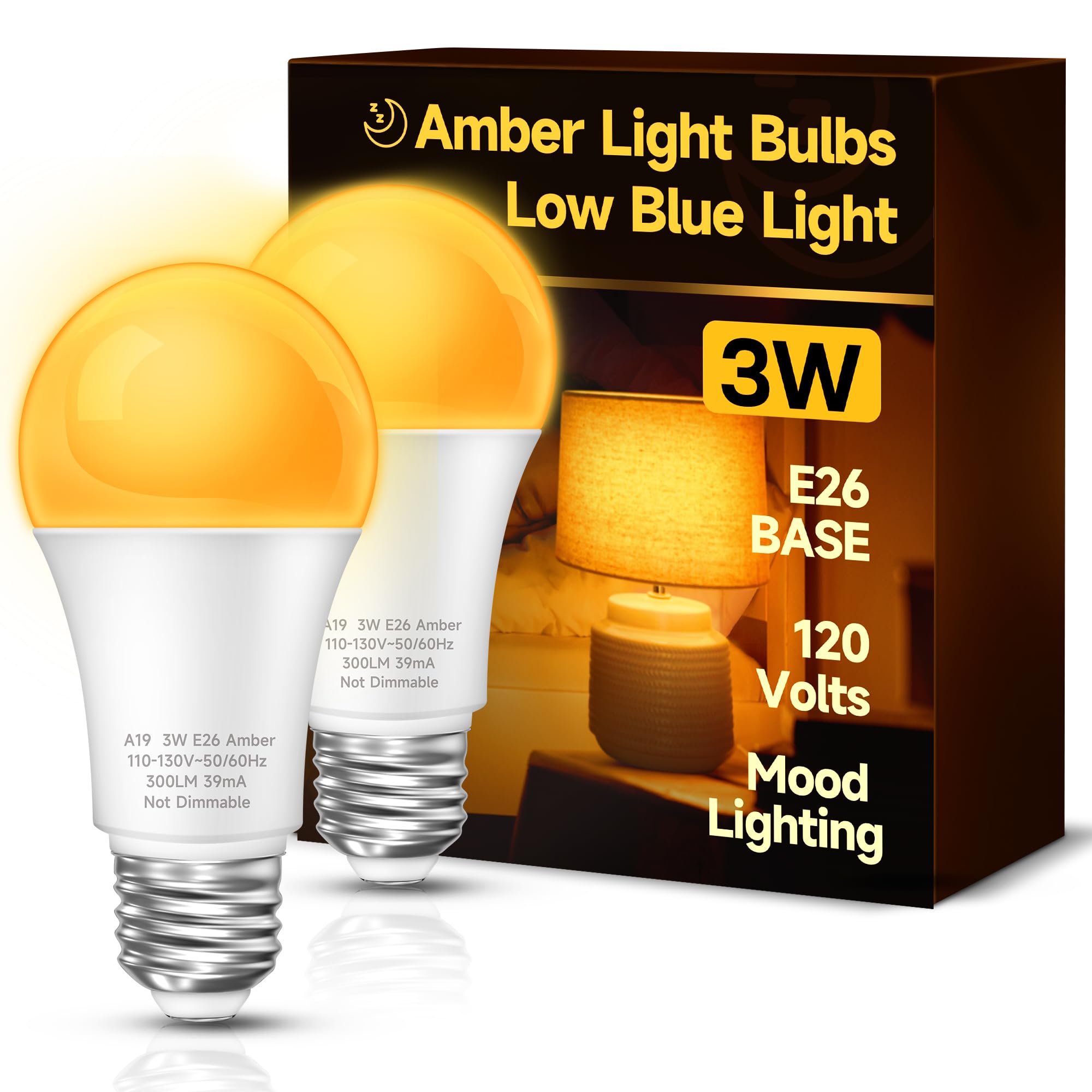 UNILAMP Sleep Aid Light Bulb, 3W Amber Light, Blue Light Blocking, E26 A19, 2 Pack