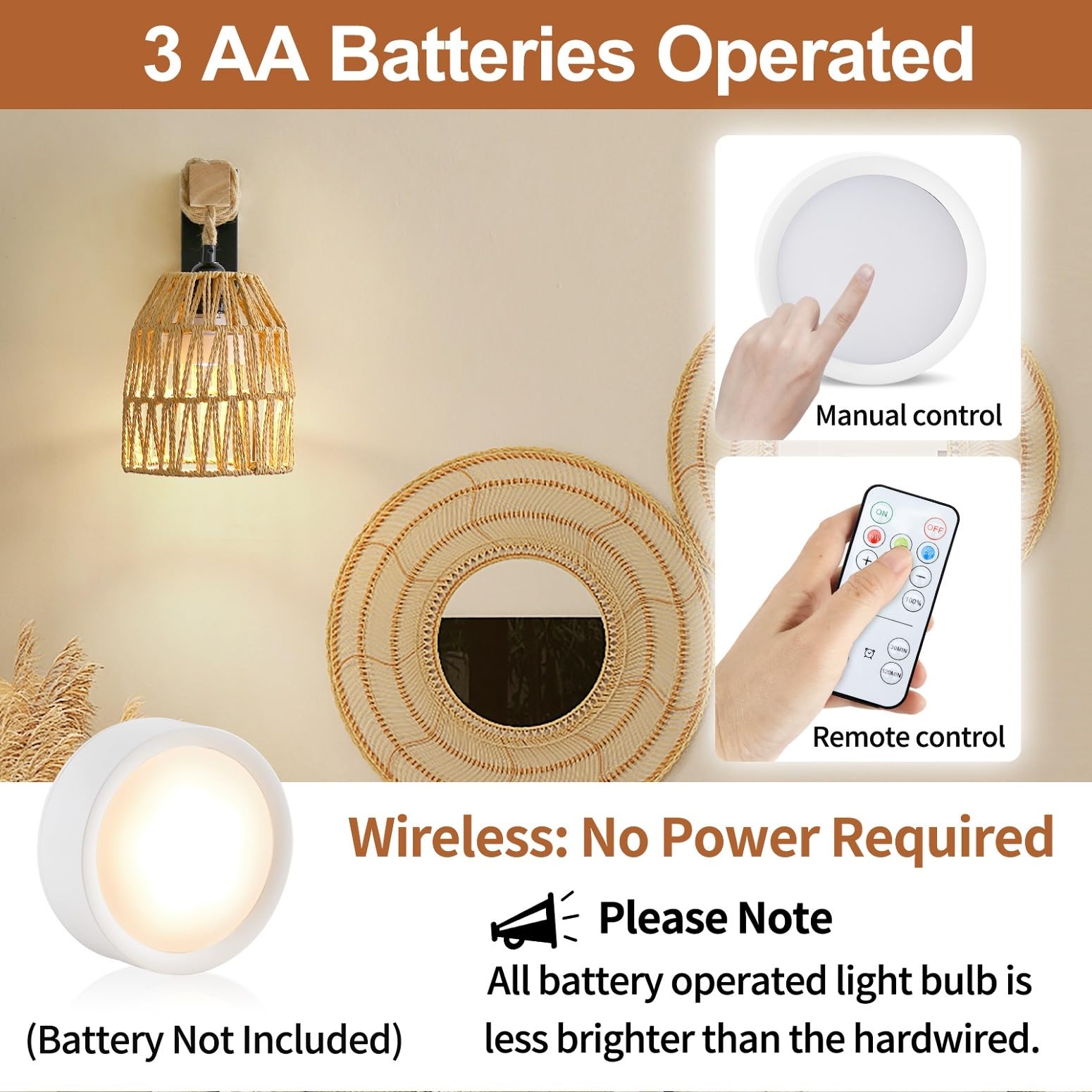 Espossi Battery Operated Wall Sconce Set of 2, Boho Rattan Design with Remote Control, A-Black, Ideal for Bedroom and Living Room