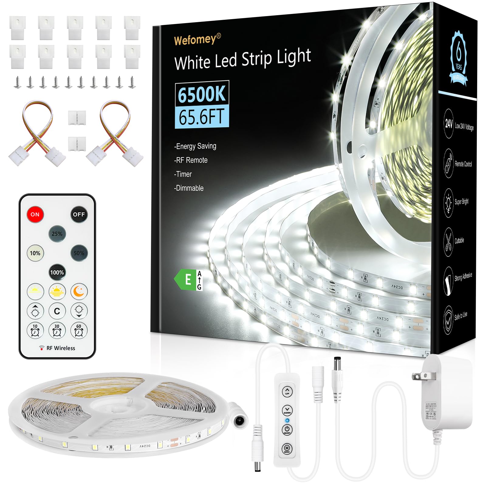 Wefomey LED Strip Lights, 65.6ft Dimmable 24V, 960 LEDs, 6500K Bright Daylight White, Flexible Tape Lights for Home Decor, Model