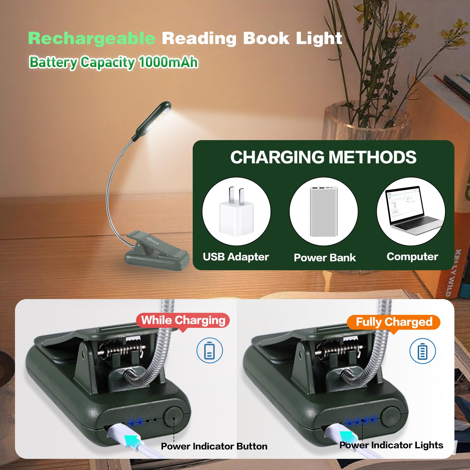 VAVOFO Rechargeable Book Light, 7 LED Eye Care Lamp, 9-Level Warm Cool White, Garden Green, Model KM-6720