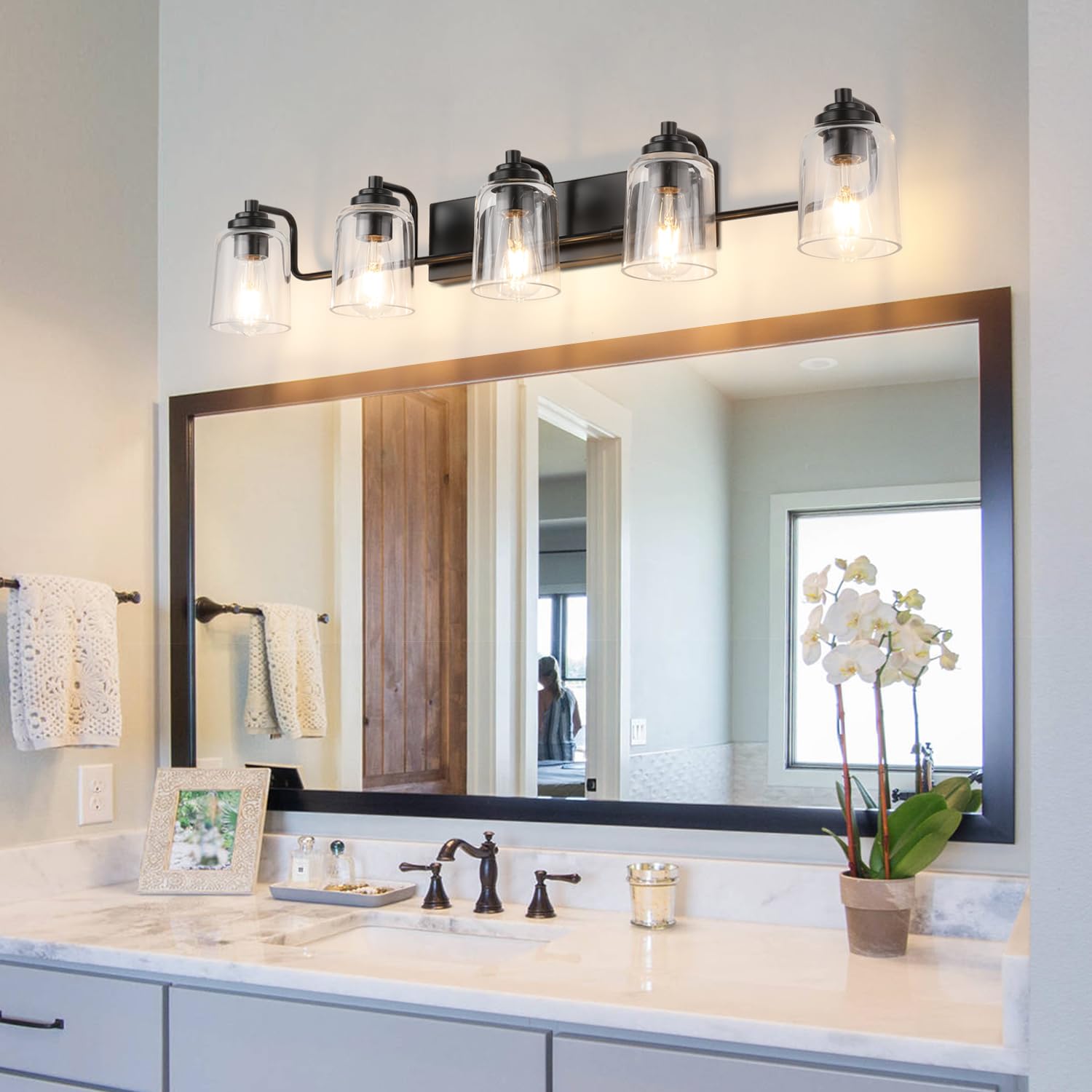 SOLFART 5-Light Black Bathroom Vanity Light Fixtures, Matt Black, Glass & Metal, Model 7600-5T-BK, 41 Inch Over Mirror Sconce Lighting