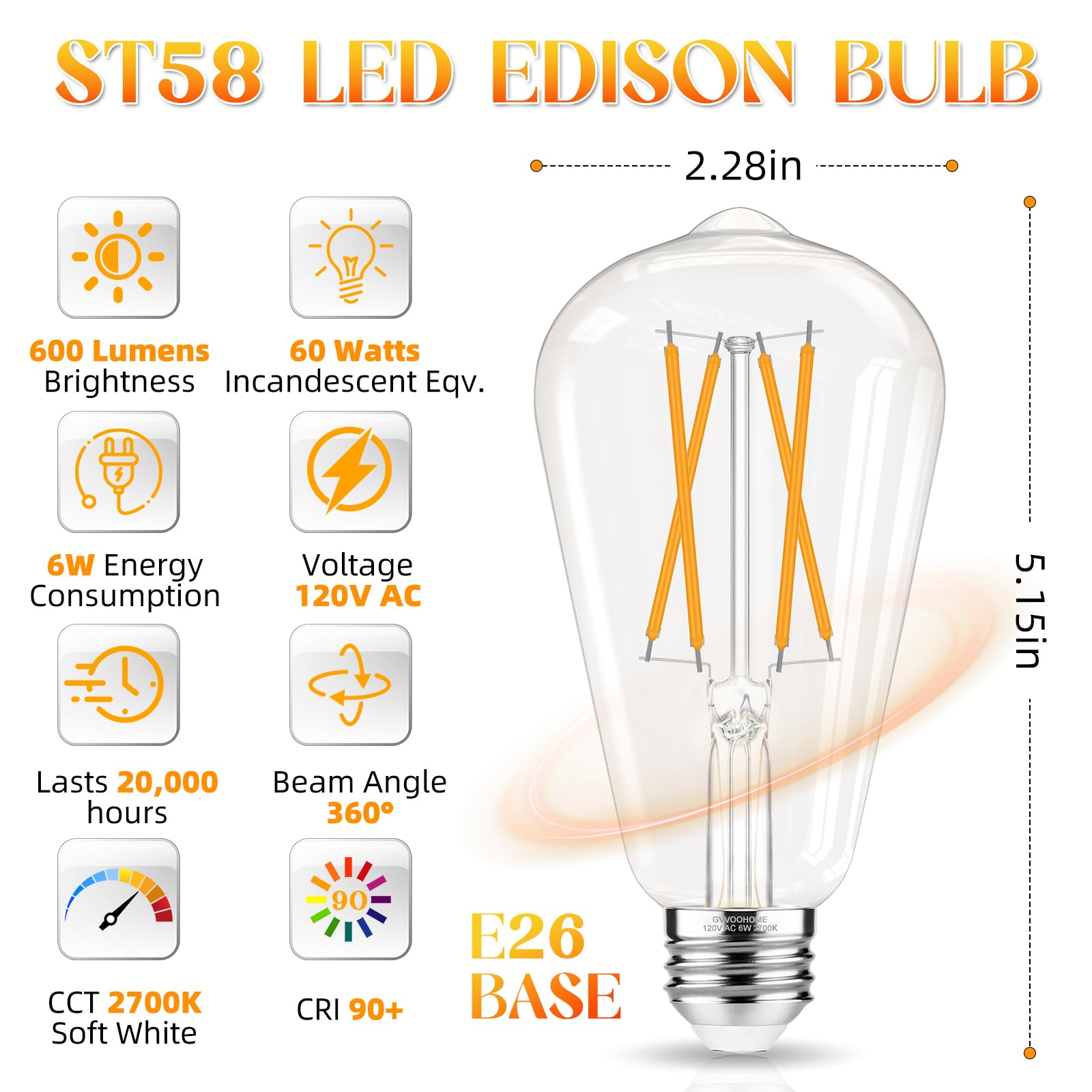 Gvvoohome Edison Bulbs, E26 Led Bulb 60 Watt Non-Dimmable, Soft White 2700K, St58 Vintage Light Bulbs, 90+ Cri, 6W 600Lm, E26 Me