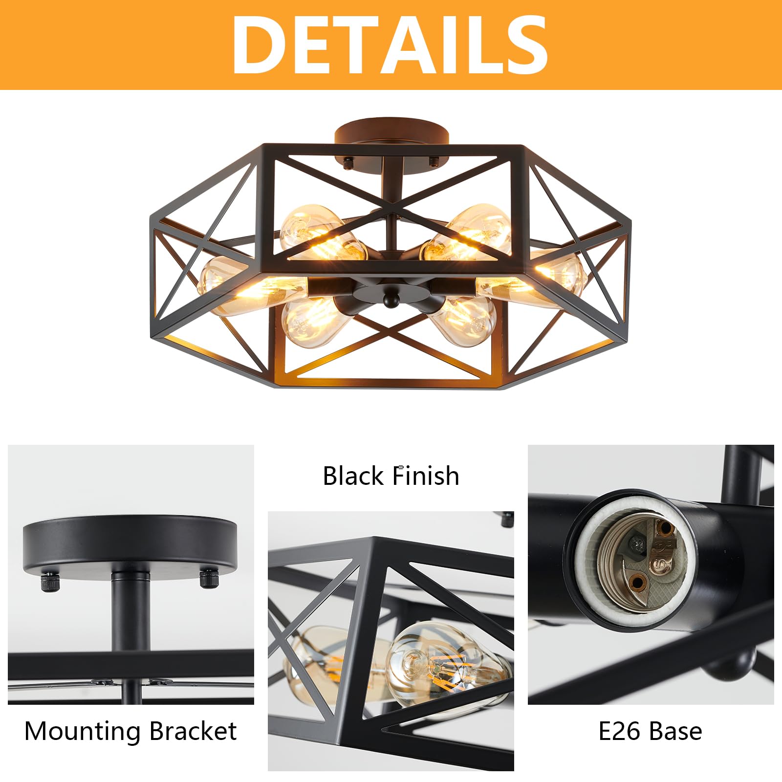 XSDeTu 6-Light Semi Flush Mount Ceiling Light Fixture, Black Metal Chandelier for Kitchen, Dining Room, Hallway, Model DeTu-PHexagon-6Black