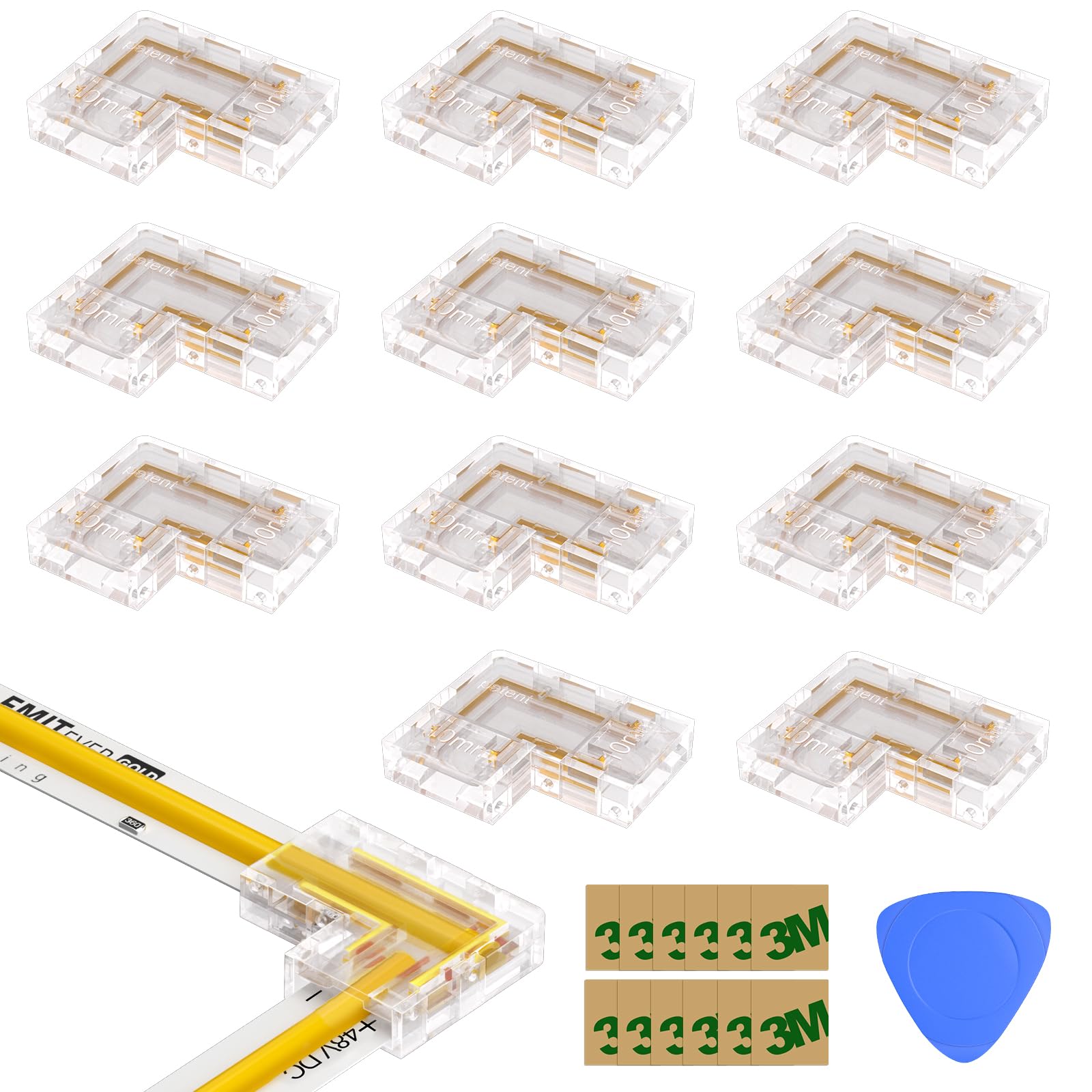 EMITEVER 10mm lED Strip Connectors 12pcs, Led Corner Connector L-Shaped Gapless Connection Solderless Transparent Tape Light Con