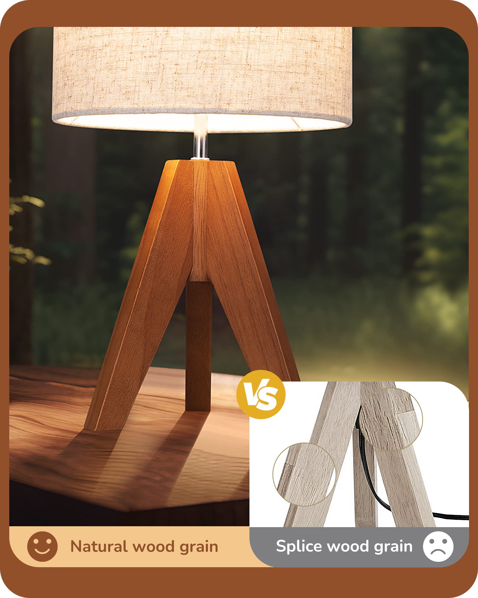 Edishine Small Table Lamp, Wooden Tripod Bedside Lamp With Linen Fabric Lampshade, 14.2'' Nightstand Lamp For Bedroom, Living Ro