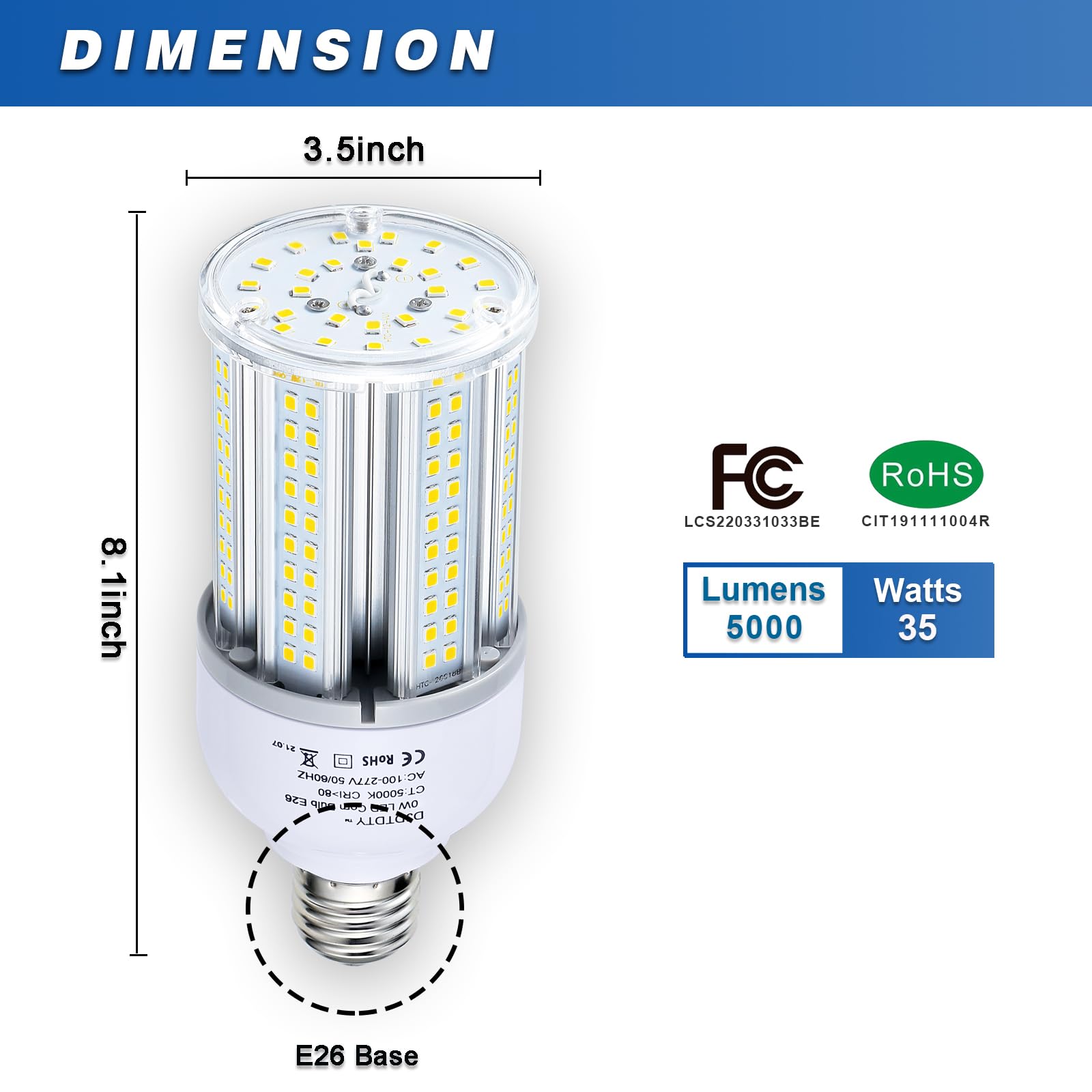 Jurdxled 35W Led Corn Light Bulb 5000 Lumen 5000K Large Area Cool Daylight White E26/E27 Medium Base For Outdoor Indoor Garage W