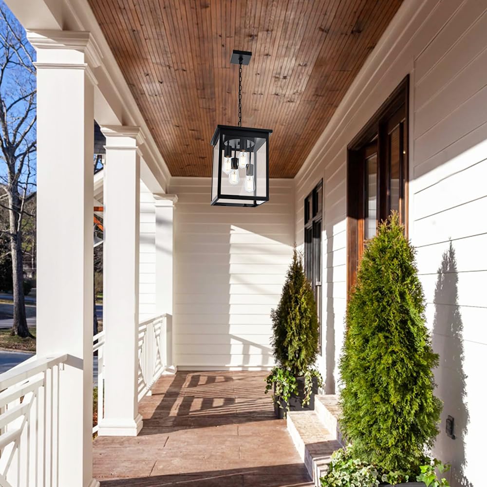 Todoluz Large Outdoor Pendant Light Fixtures, 4-Lights Black Exterior Ceiling Hanging Lanterns With Clear Glass, Farmhouse Outdo