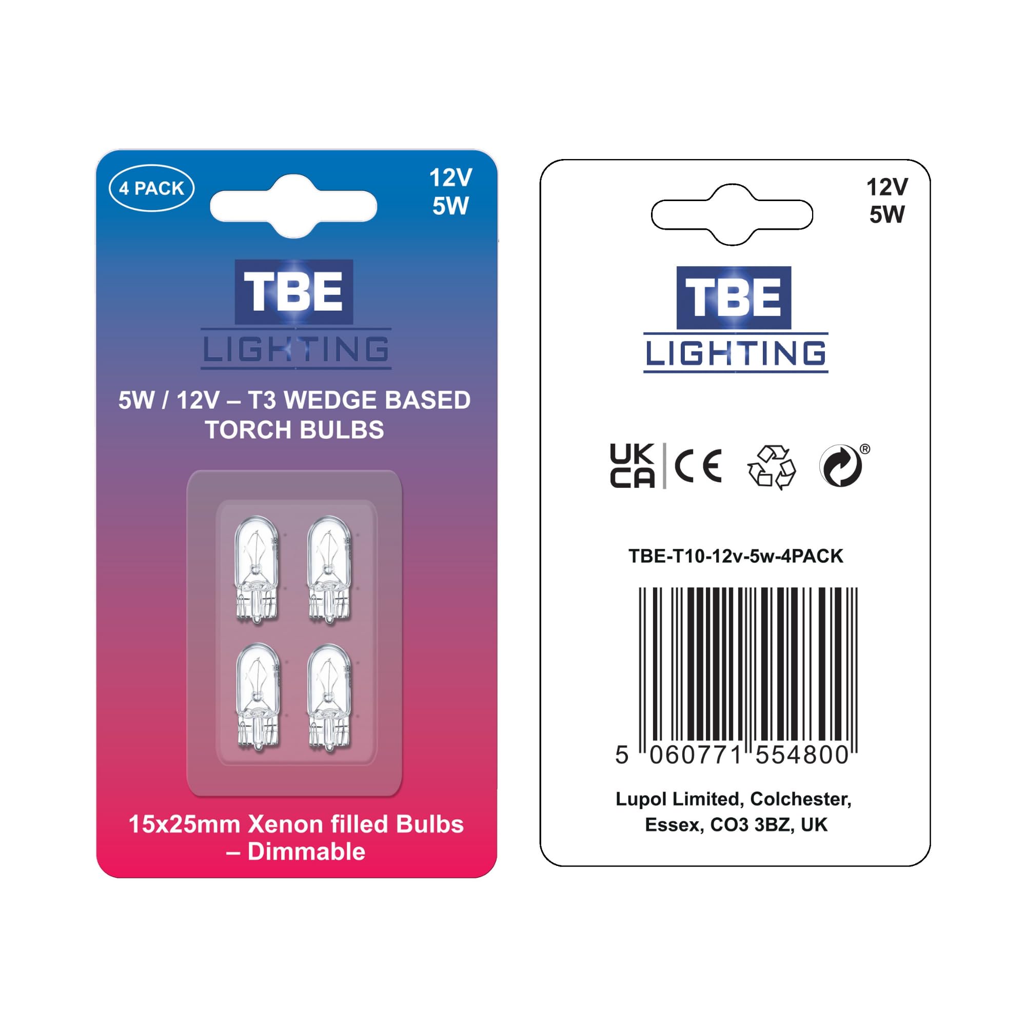 TBE LIGHTING 12V 5W T3 Xenon Bulbs, Clear Glass, Wedge Base, Pack of 4, Dimmable for Landscape, RV & Cabinet Lighting