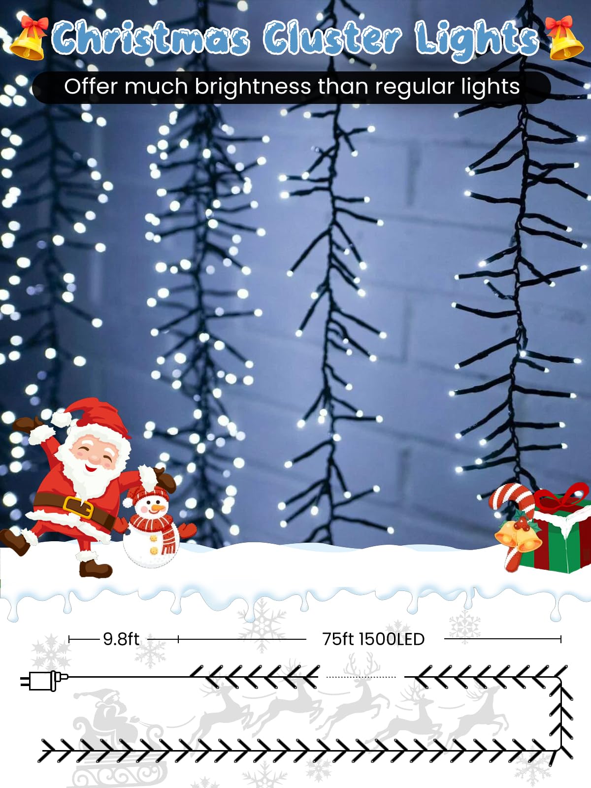 75Ft 1500 Led Christmas Cluster Lights  Fire er String Lights With Remote & 8 Modes & Timer  Waterproof Fairy Twinkle Light Plug In For Indoor Outdoor Party Garden Xmas Tree Decoration  Cool White