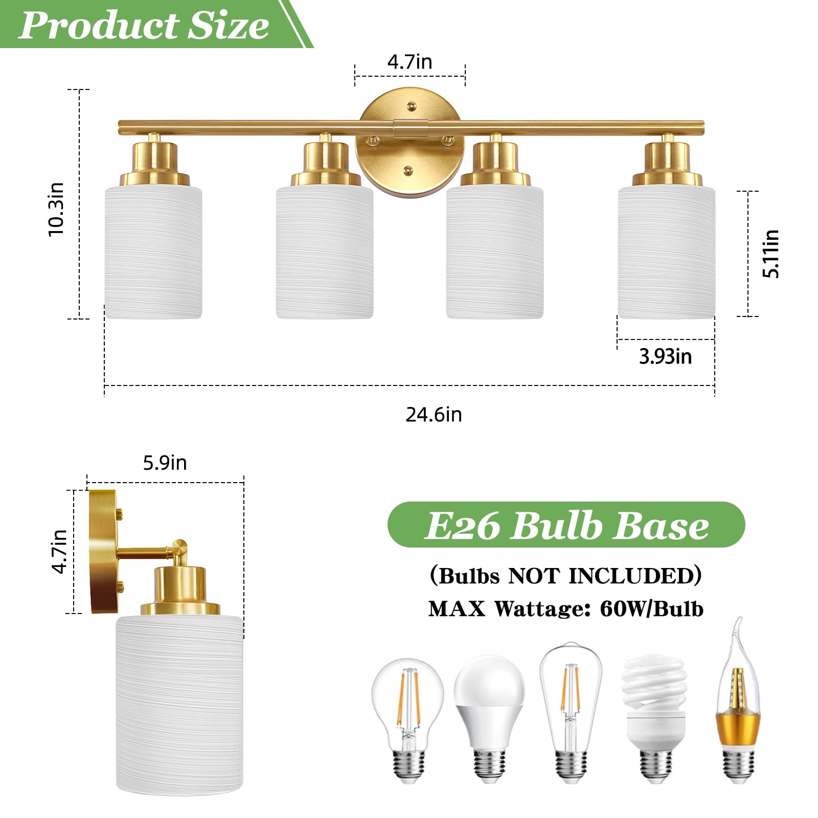 Guliaofo Gold Bathroom Light Fixtures, 4-Light Bathroom Vanity Light, Bathroom Wall Lights With White Frosted Glass Shade, Vanit