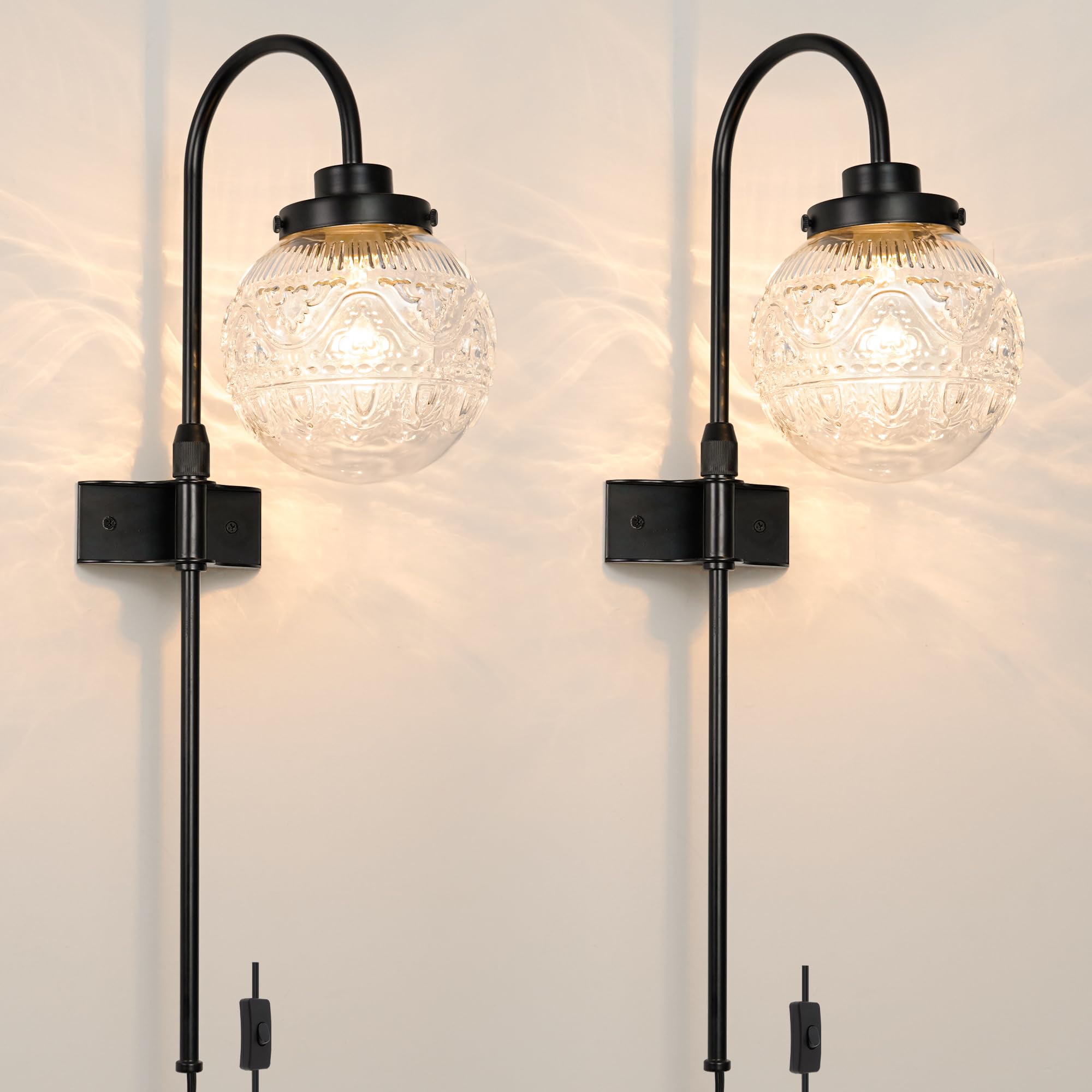 Daunton Wall Sconces Set of 2 - Matte Black, Etched Crystal Glass Shades, Model DX23037W1T-BK-2P-CS