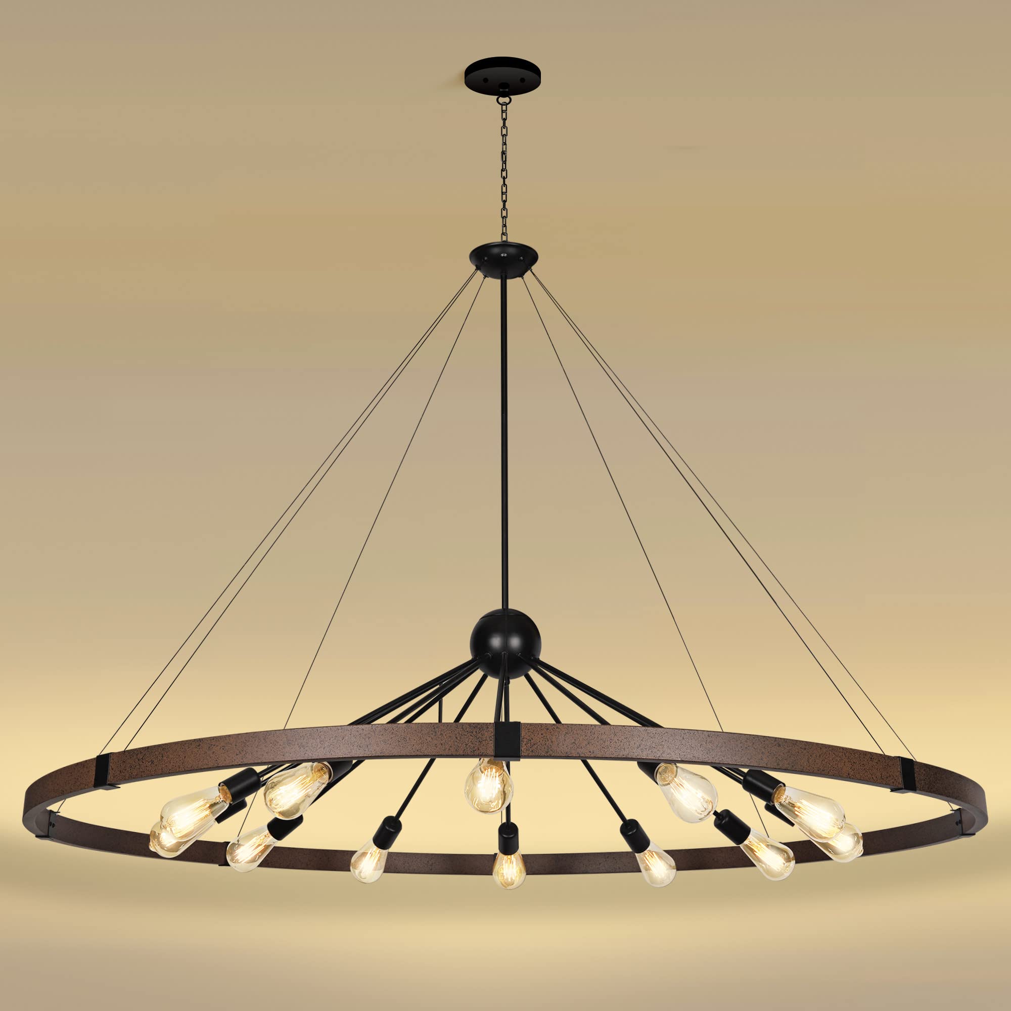 Klgxnrd 59'' Large Rustic Dining Room Light Fixture, 12-Light Farmhouse Wagon Wheel Chandelier, Industrial Round Chandeliers for