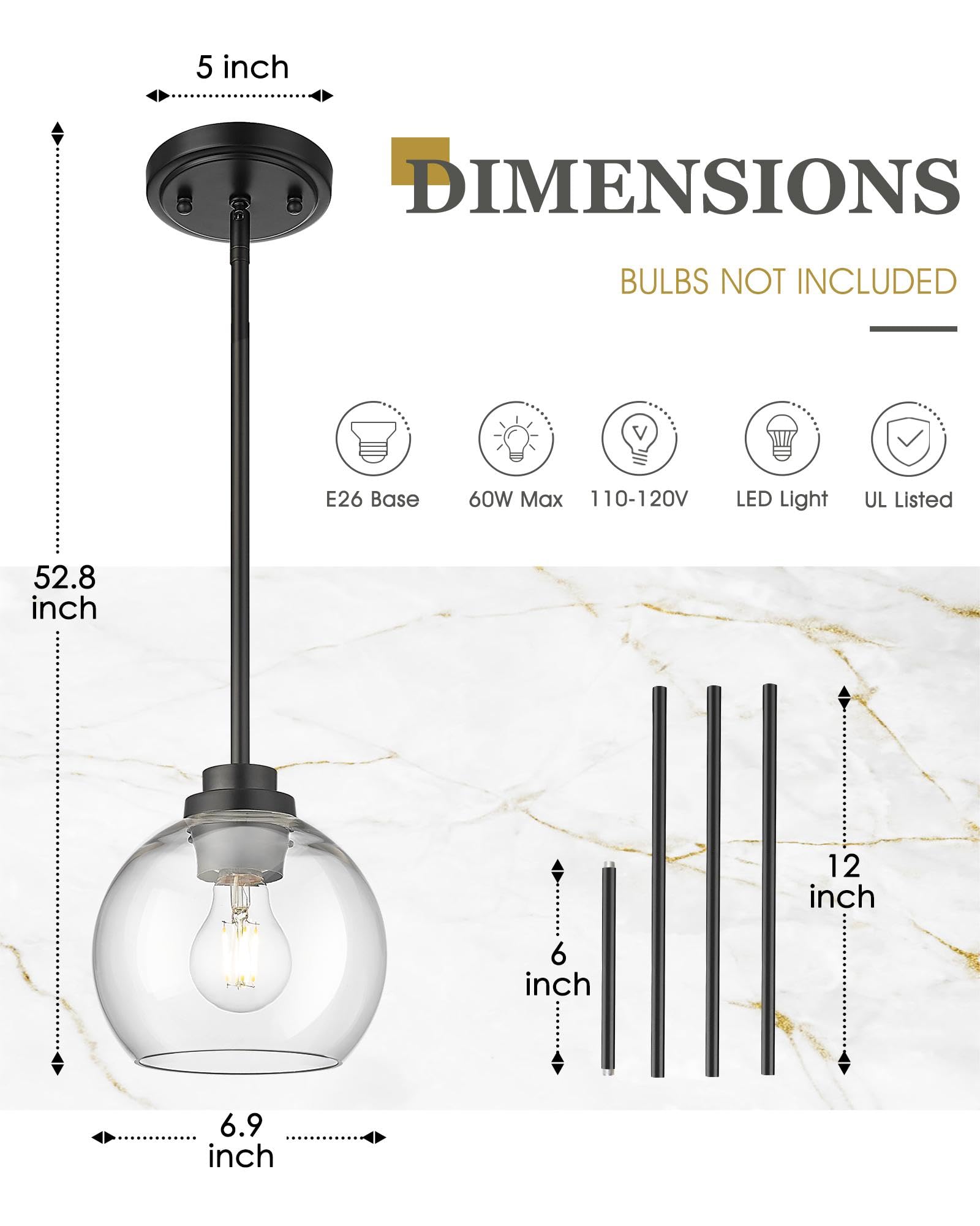 Audickic Pendant Lights Kitchen Island, 7&quot; Modern Black Hanging Lights Fixtures With Clear Glass Globe Shade, Kitchen Island Lighting For Bathroom, Ad-22280-1P-Bk-C