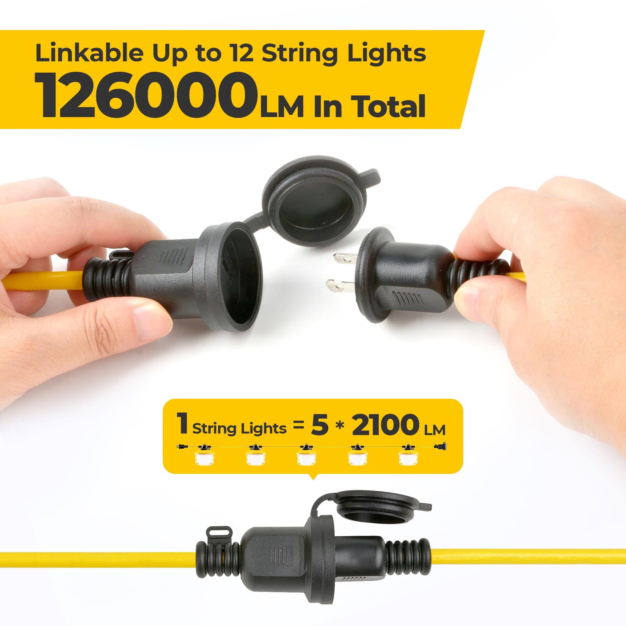 50Ft Construction String Lights: 75W Ultra-Bright 10500 Lumens Linkable Etl Listed 18Awg Wire Industrial Outdoor Temporary Light
