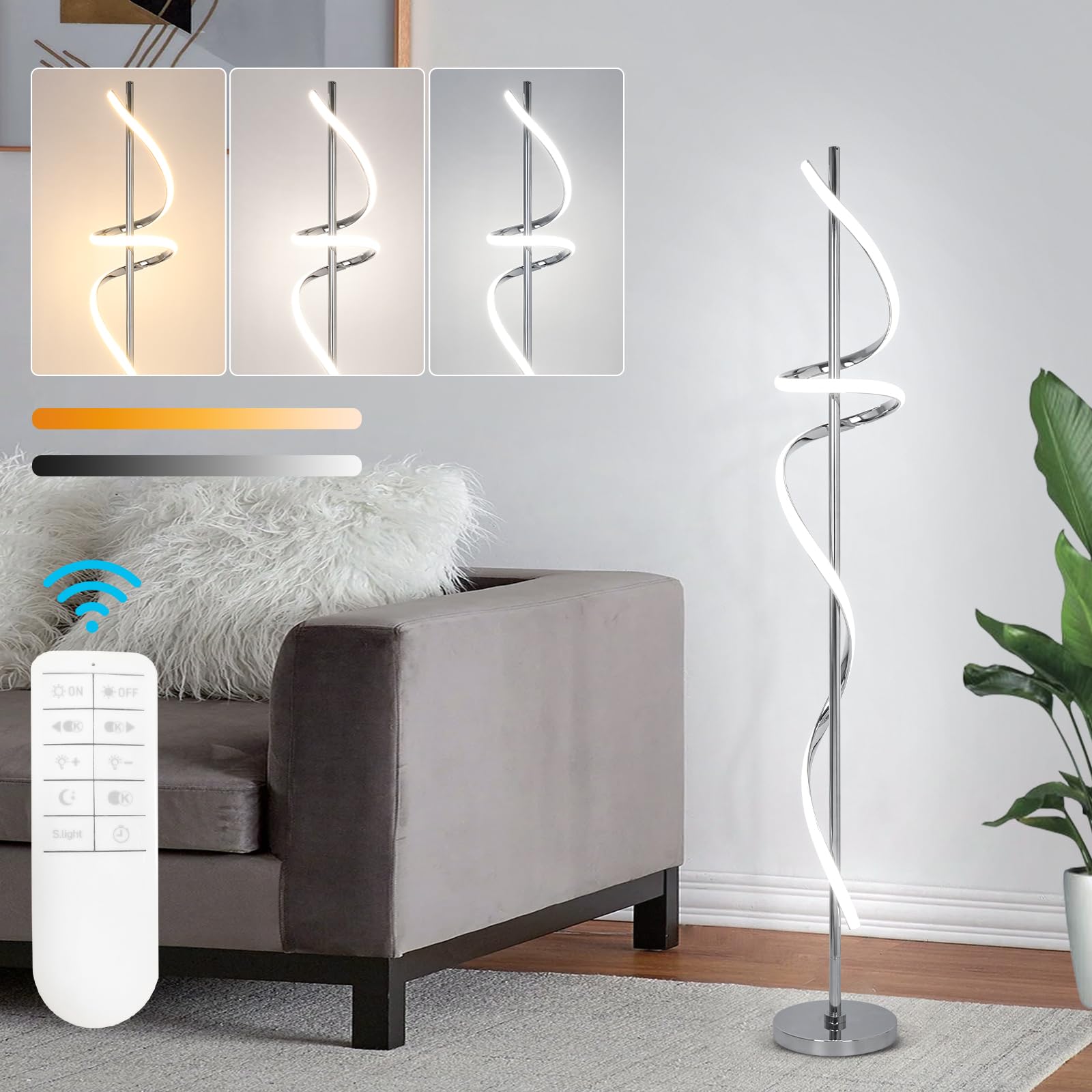 EIDISUNY Modern Floor Lamp, Dimmable LED, 60in, Aluminum, Chrome, 3 Color Temperatures, Model FL-YLC002SR