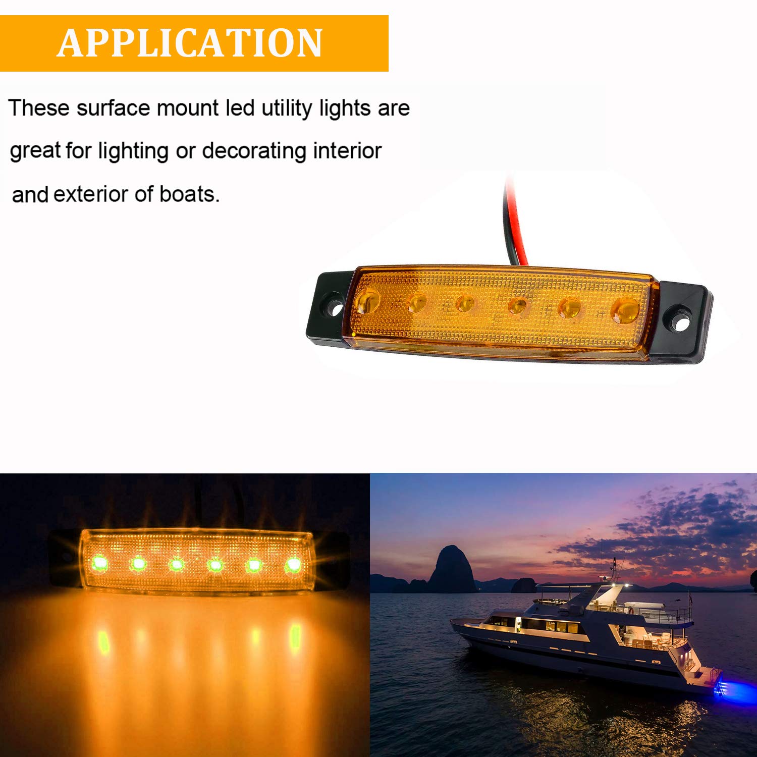 PSEQT LED Boat Interior Lights - Waterproof Courtesy Light Strip, Amber, 10Pcs, PC Lens for Fishing, Pontoon, Kayak, Yacht, Sailboat