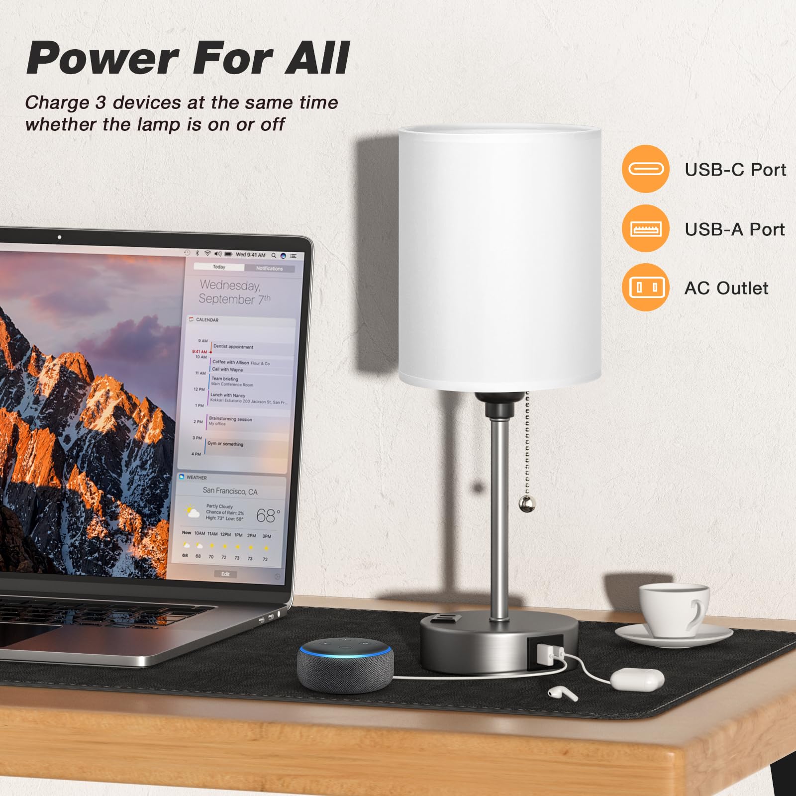 Dicoool Bedside Lamp - 3 Color Temperatures, USB C & A Ports, Silver Metal Base, 14.6in, White-Silver, Model 15-12