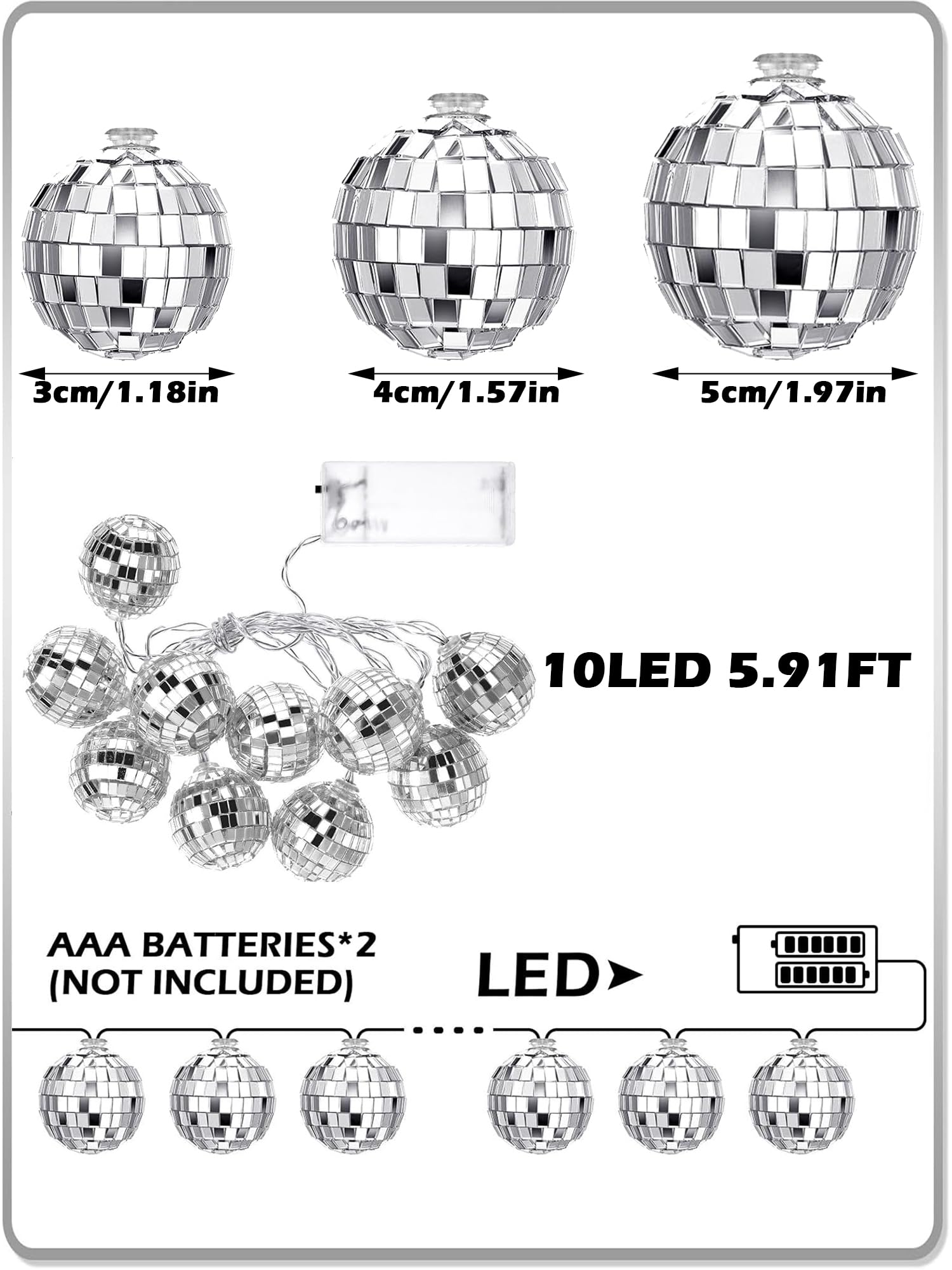 Bbto 10 Pcs Led Disco Ball String Light Battery Powered Mirror Ball Ornaments 70S 80S 90S Disco Party Supplies(Warm Silver,1.57