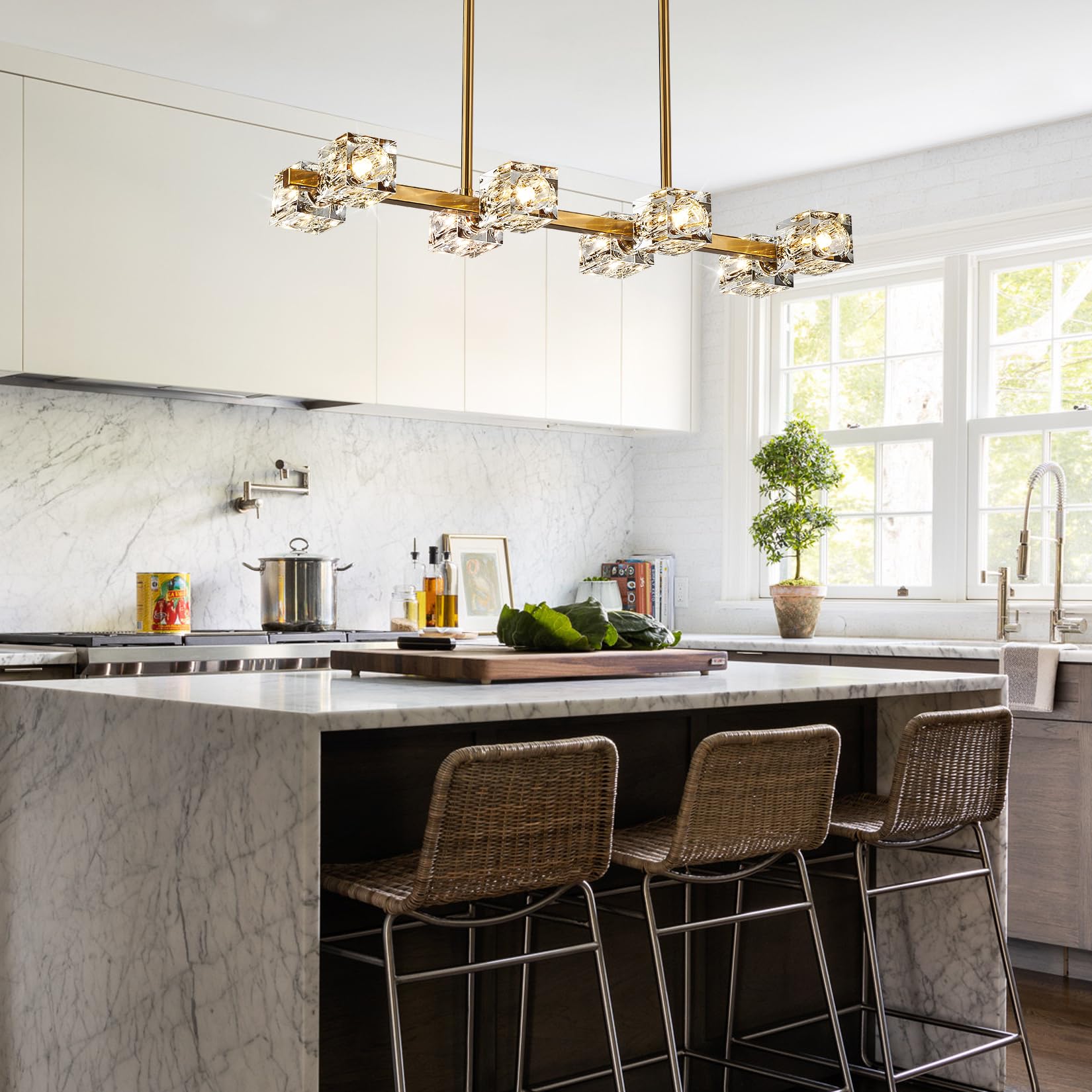 OKES Gold Modern Crystal Chandelier, 8-Light Rectangular Pendant Light for Dining Room, Kitchen Island, Model AM-0092-10H-2