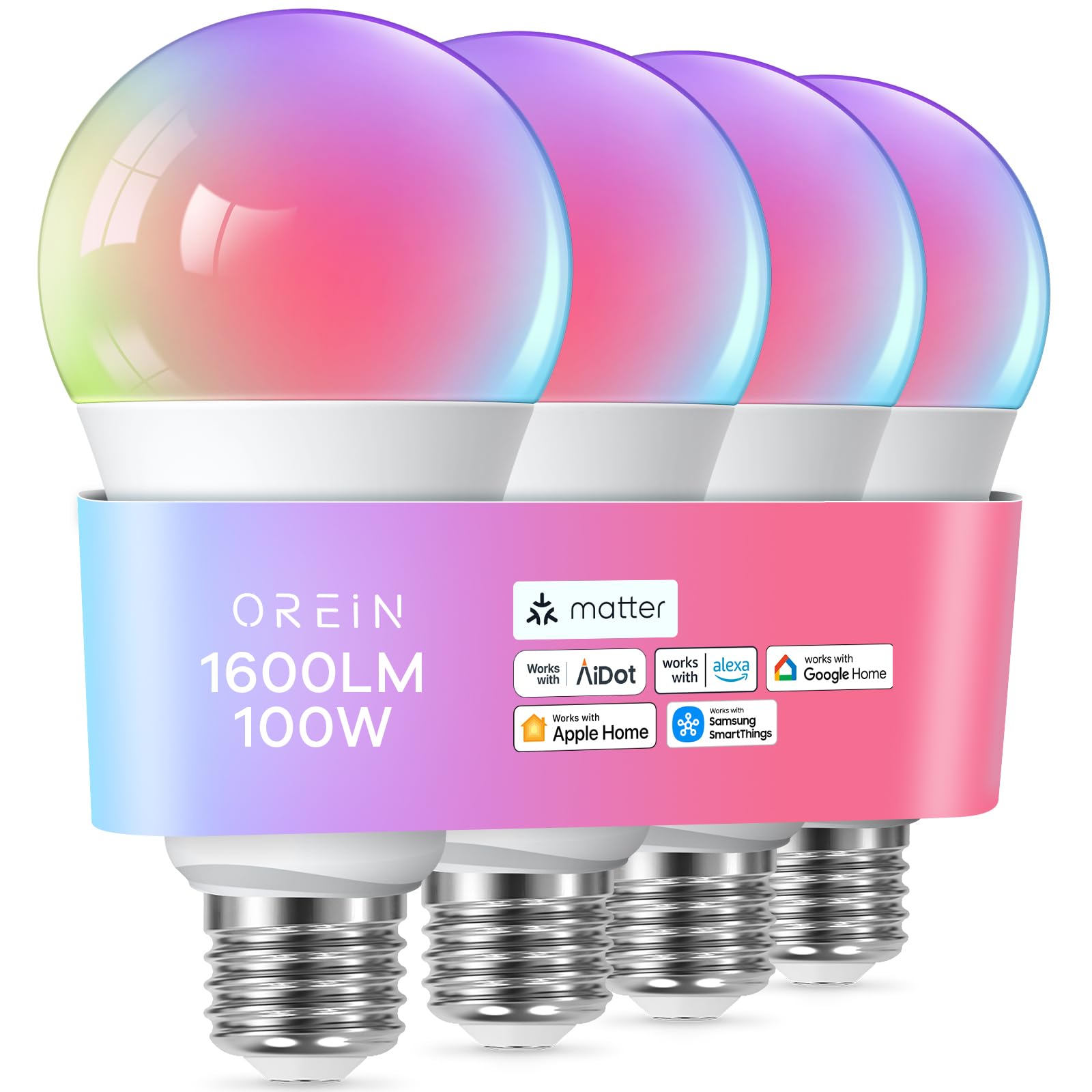 OREiN Smart Light Bulb A21, 1600 Lumens, Multi-colored, 4-Pack, Works with Apple Home, Alexa, Google Home, Model OS10005