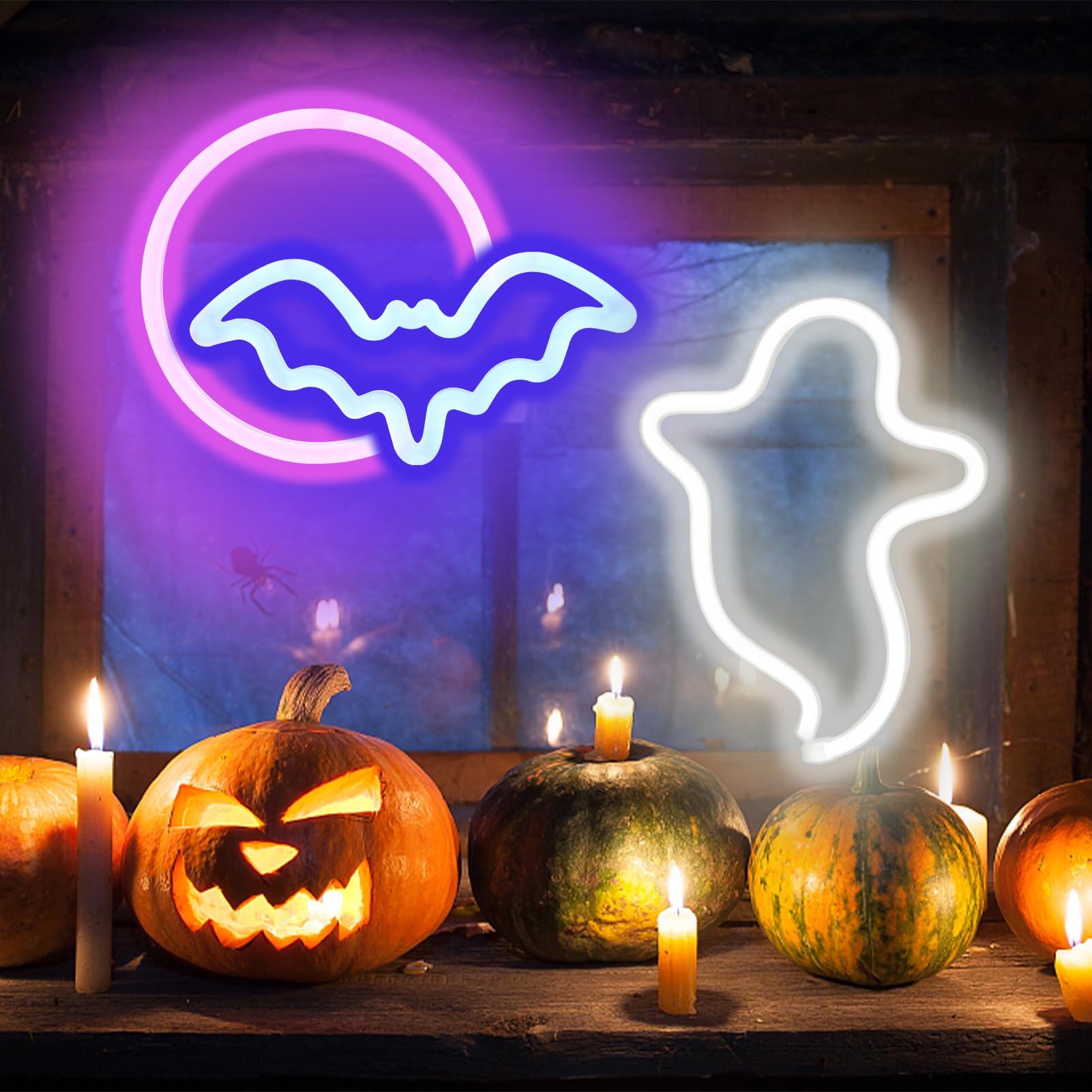 Brightdeck 2 Pack Halloween Neon Signs  White Ghost  Blue Bat Full Moon Neon Lights Decorations  Usb/Battery Powered Led Neon Sign For Halloween Wall Decor  Bedroom  Kids Gift  Bar  Party(Full Moon)