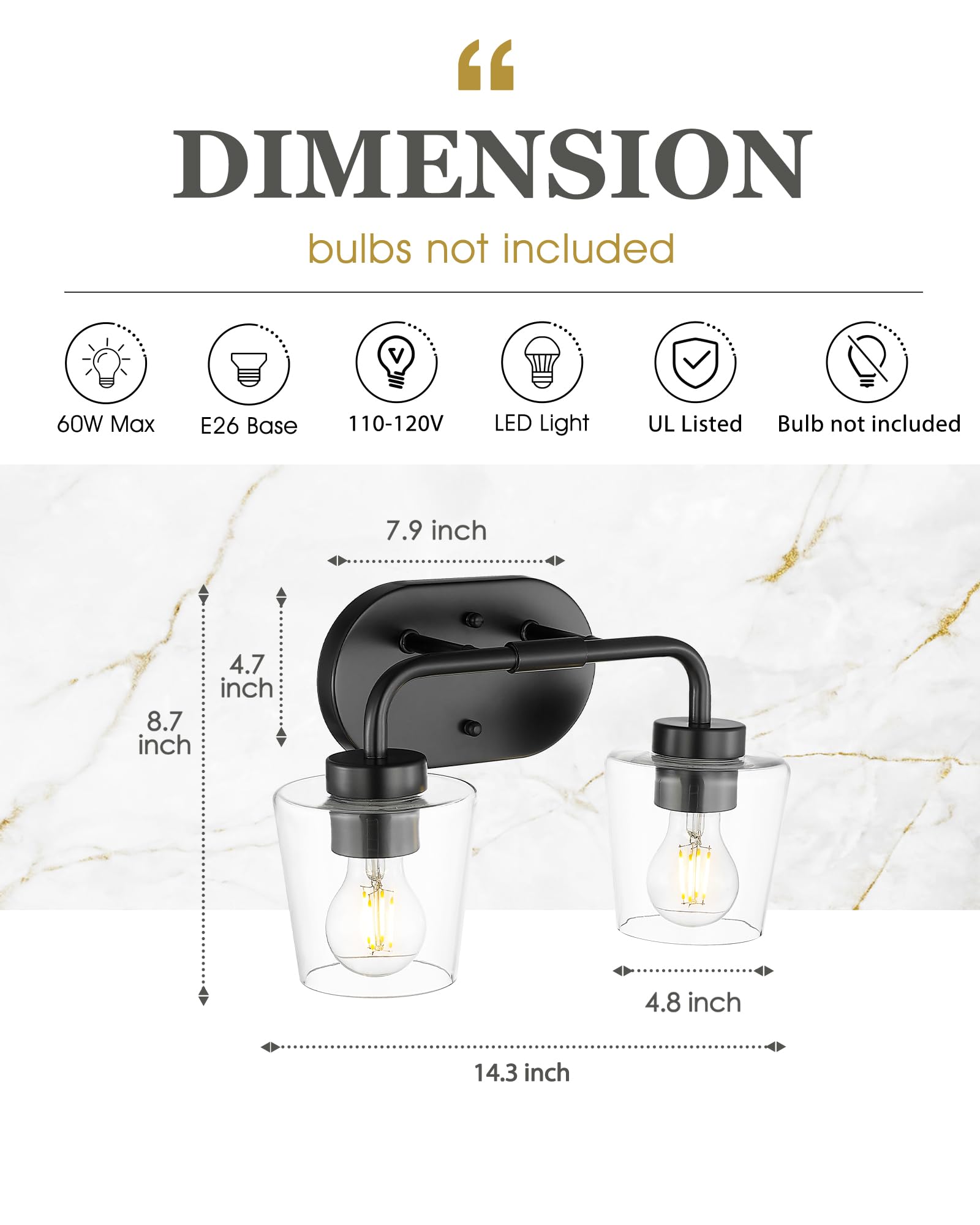 Audickic Bathroom Light Fixtures, 2-Light Matte Black Vanity Lights Over Mirror With Clear Glass, Modern Vanity Lighting Fixture