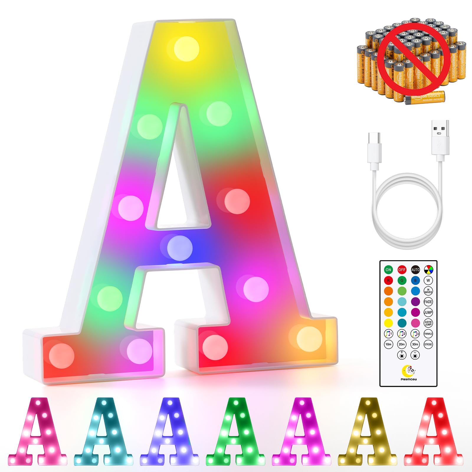 Mooncow Rechargeable Light Up Letters,Colorful Marquee Letters With Remote,Gift Wrap Gifts,Bedroom Home Bar Party Decor (A)
