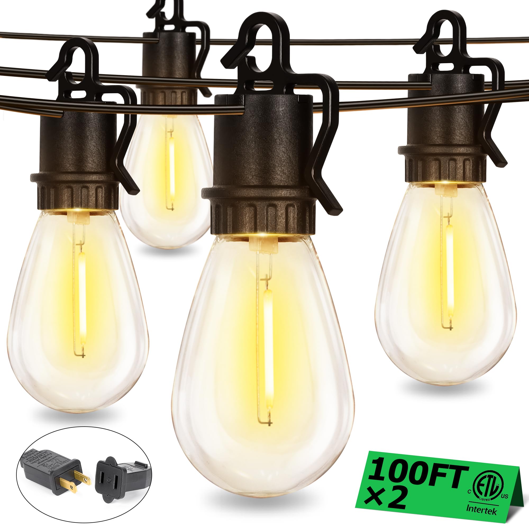 TDLOL Outdoor String Lights, 200FT, 104 Shatterproof S14 Bulbs, Dimmable, IP55 Waterproof, Patio, Garden, Model GYPC-O50LAU