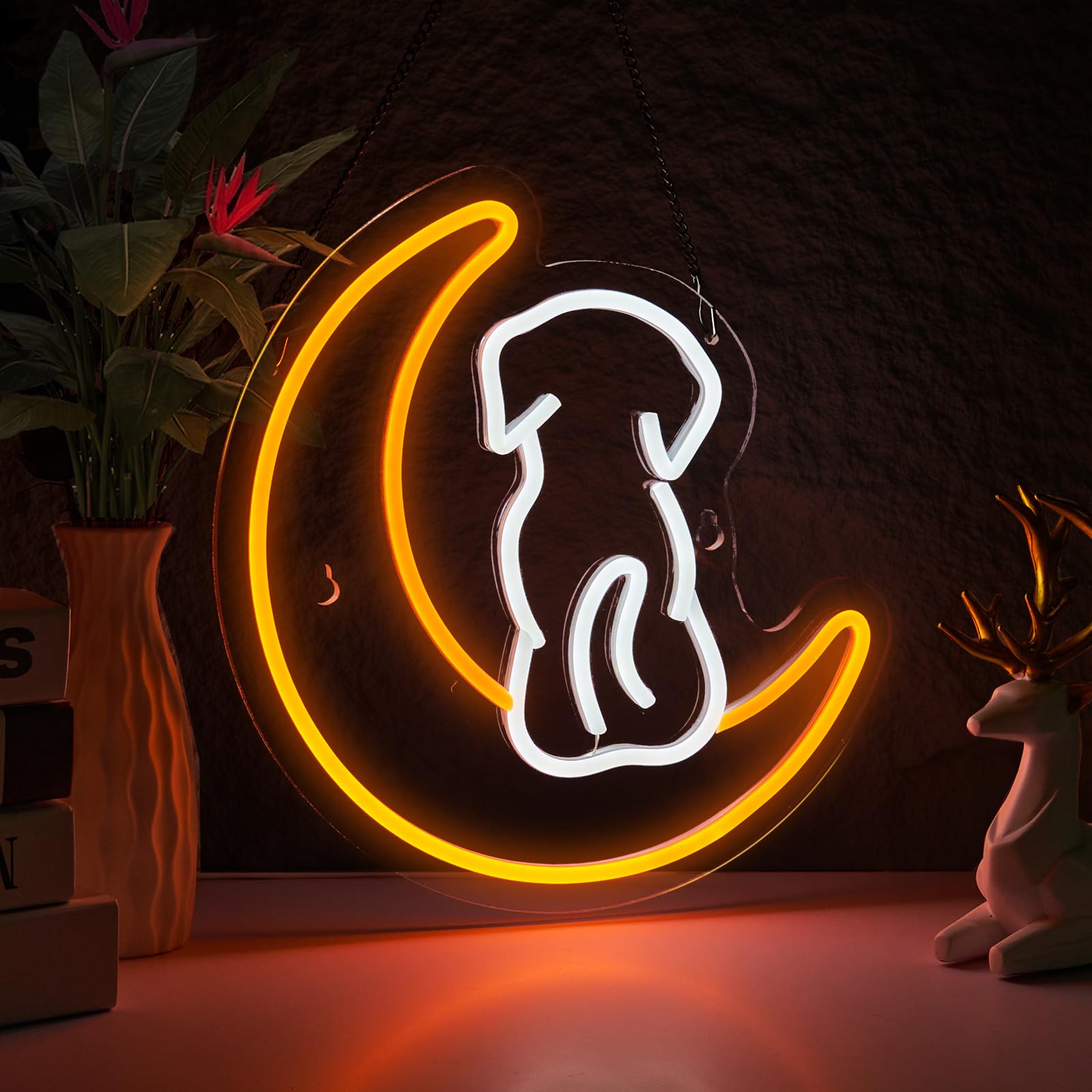 Dog Neon Sign Moon LED Lights for Wall Decor Teen Room Decor Gifts for Birthday Kids Room Art Decor Boys Room Decor Playroom Dec