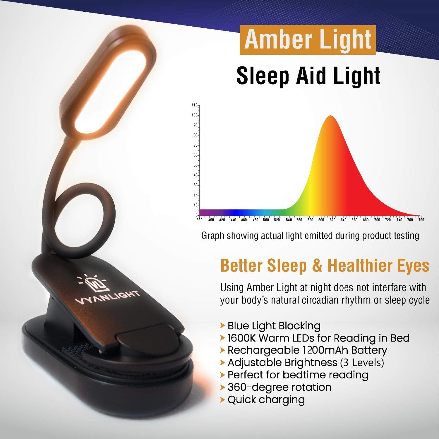 Vyanlight Book Light For Reading In Bed, Amber Color Reading Lamp With 360 Rotating Gooseneck, Rechargeable And Dimmable Warm Gl