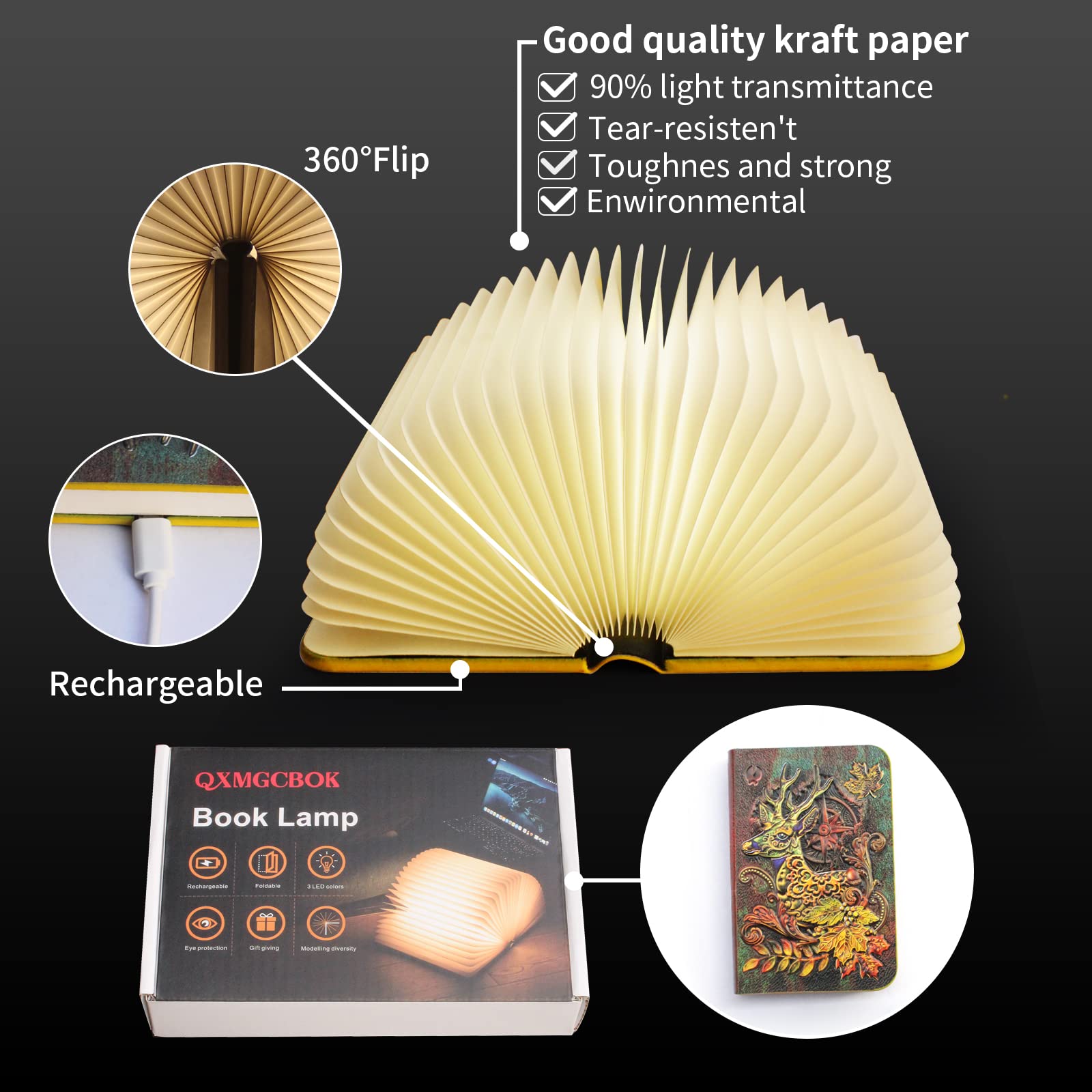 QXMGCBOK 3D Elk Mini Book Lamp, USB Rechargeable LED Night Light, Green, Elk Small, Model YTBTAF23c