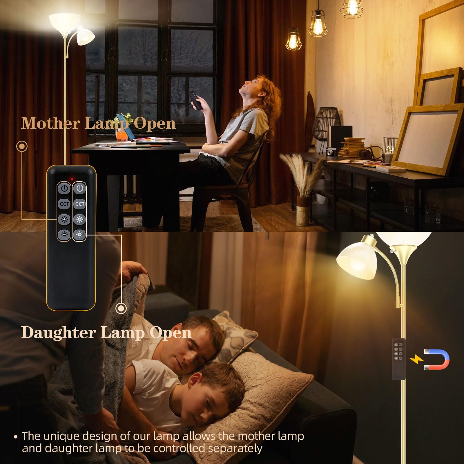 GERGO Led Floor Lamp, 11W+7W 2100LM Torchiere, Remote Control, 4 Color Temperatures 3000K-6000K, Golden, Model MF