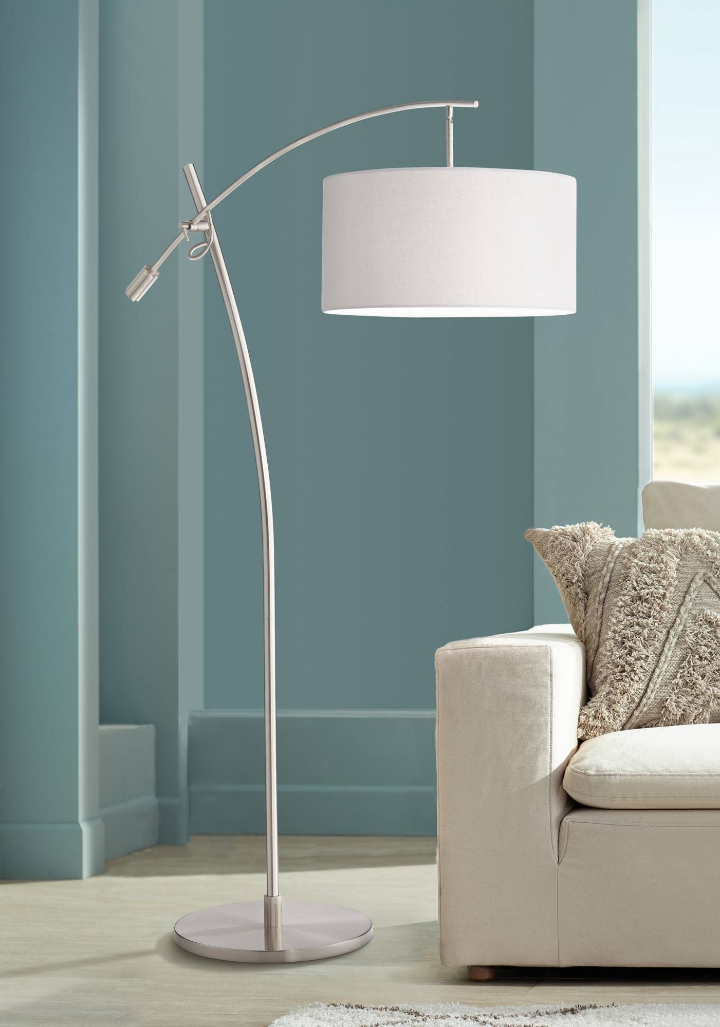Possini Euro Design Modern Standing Arc Floor Lamp Adjustable Boom Arm 69'' Tall Brushed Nickel Off White Linen Fabric Drum Shad