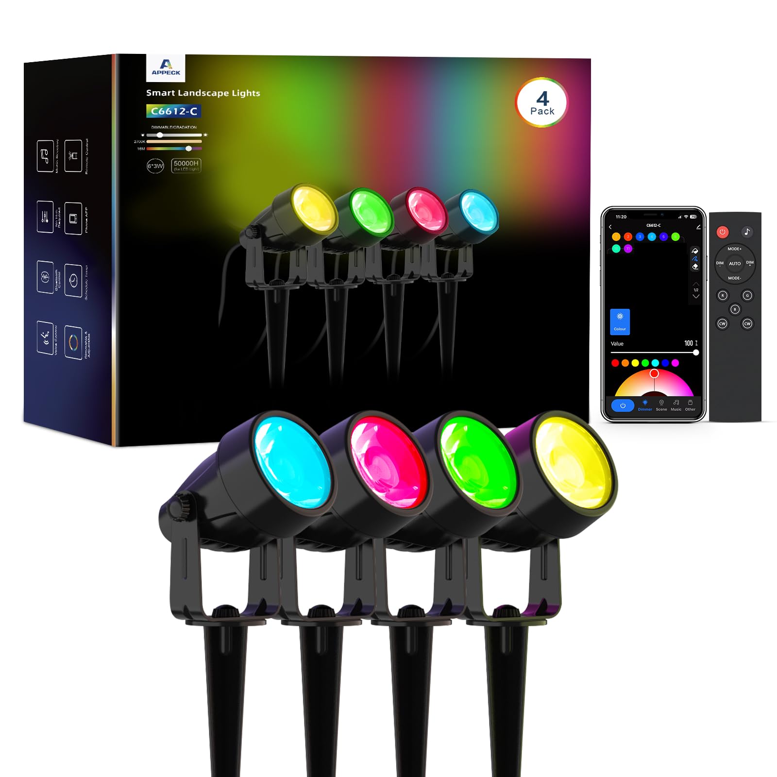 APPECK RGBW Low Voltage Spot Lights, IP65 Waterproof LED Uplighting, 4 Pack, Black, Model C6612-C