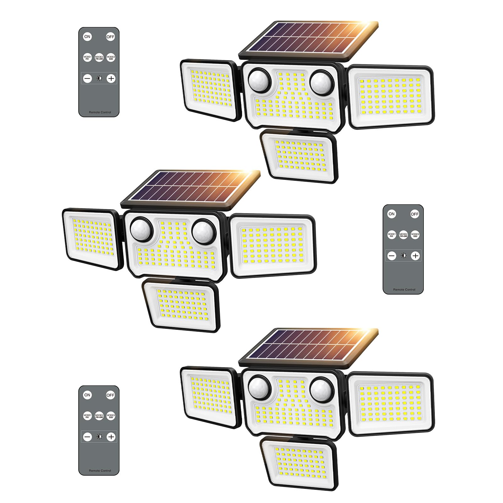 SZPOWER 4500LM Solar Flood Lights, 254 LED, 4 Heads, Motion Sensor, Remote Control, Waterproof, Black, Model SZC05AS4-TY, 3 Pack