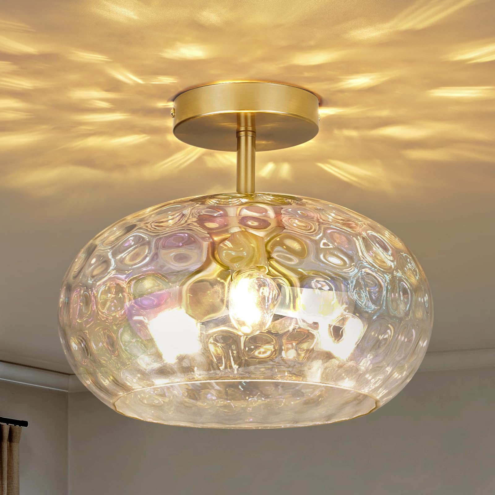 Clarsyne 12 Iridescent Rainbow Hammered Glass Ceiling Light  3-Light Semi Flush Mount Fixture  Modern Gold Lighting For Bedroom  Hallway  Kitchen  Dining Room  Living Room  Foyer