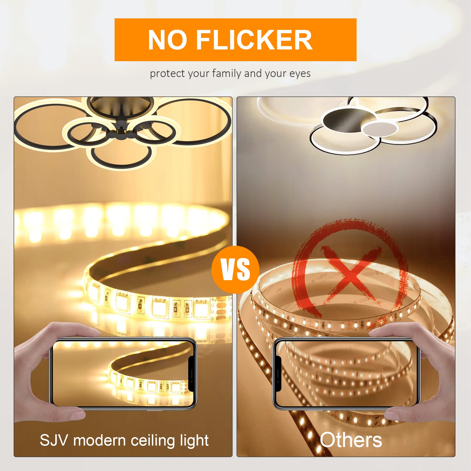 Sjv Modern Ceiling Light Fixture: Dimmable Led Flush Mount Ceiling Lamp - Black 31.4" Kitchen Ceiling Lights,6Rings Lighting Fixtures For Bedroom, Dining Living Room,Colors Change With Remote