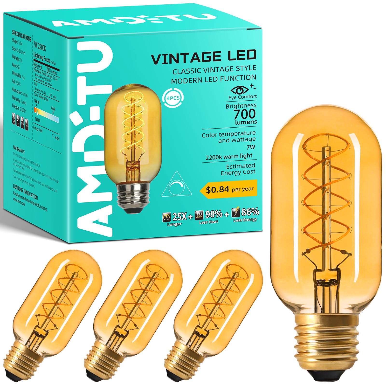 Amdtu Edison Bulbs 60 Watts Equivalent Dimmable, Spiral Ultra-Thin Filament E26 Led Bulbs 7W, 700 Lumen, Warm Yellow 2200K E26 B